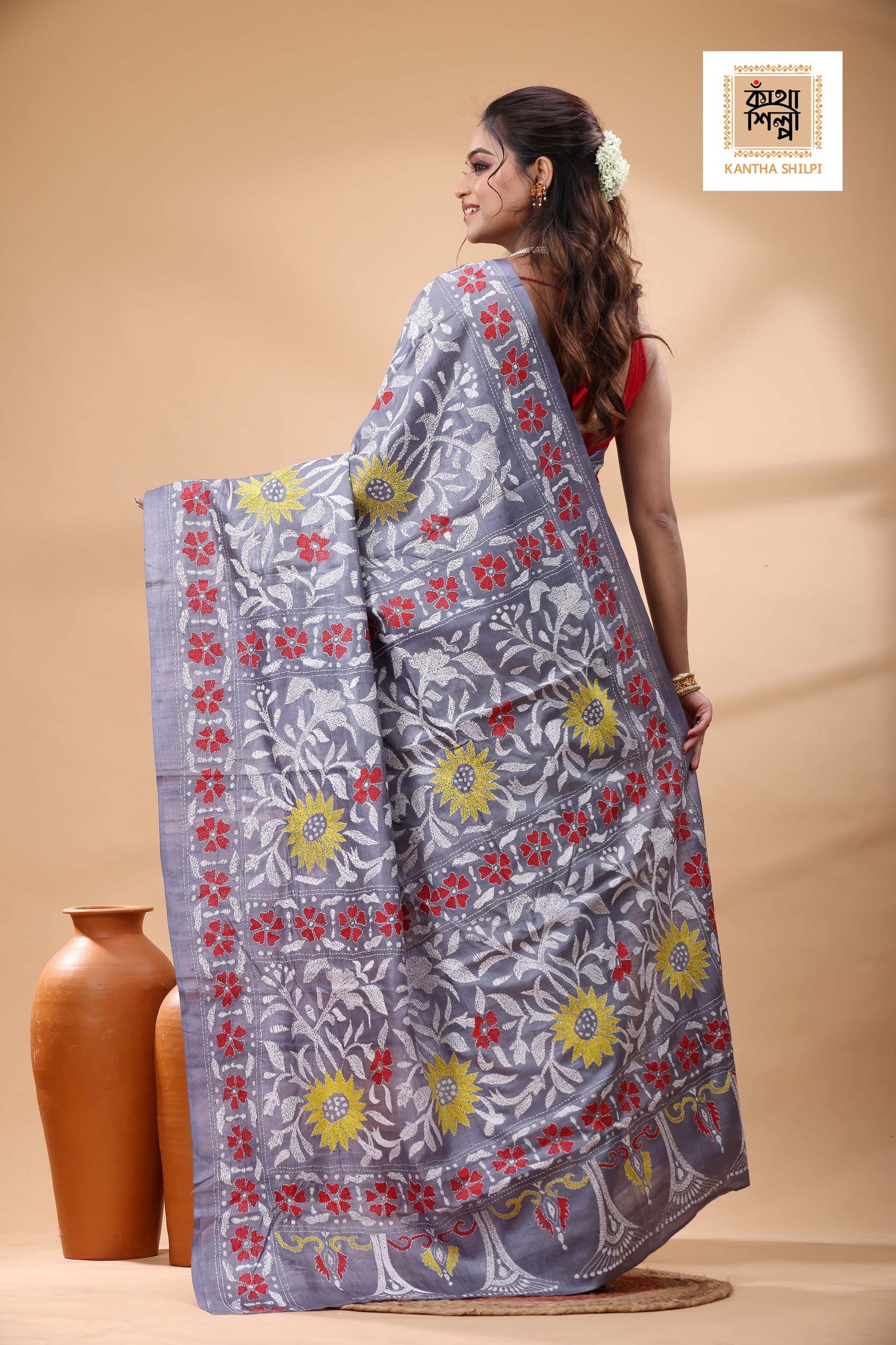 Pure Dye Gachi Tussar Multicolor Thread Work Kantha Stitch Saree