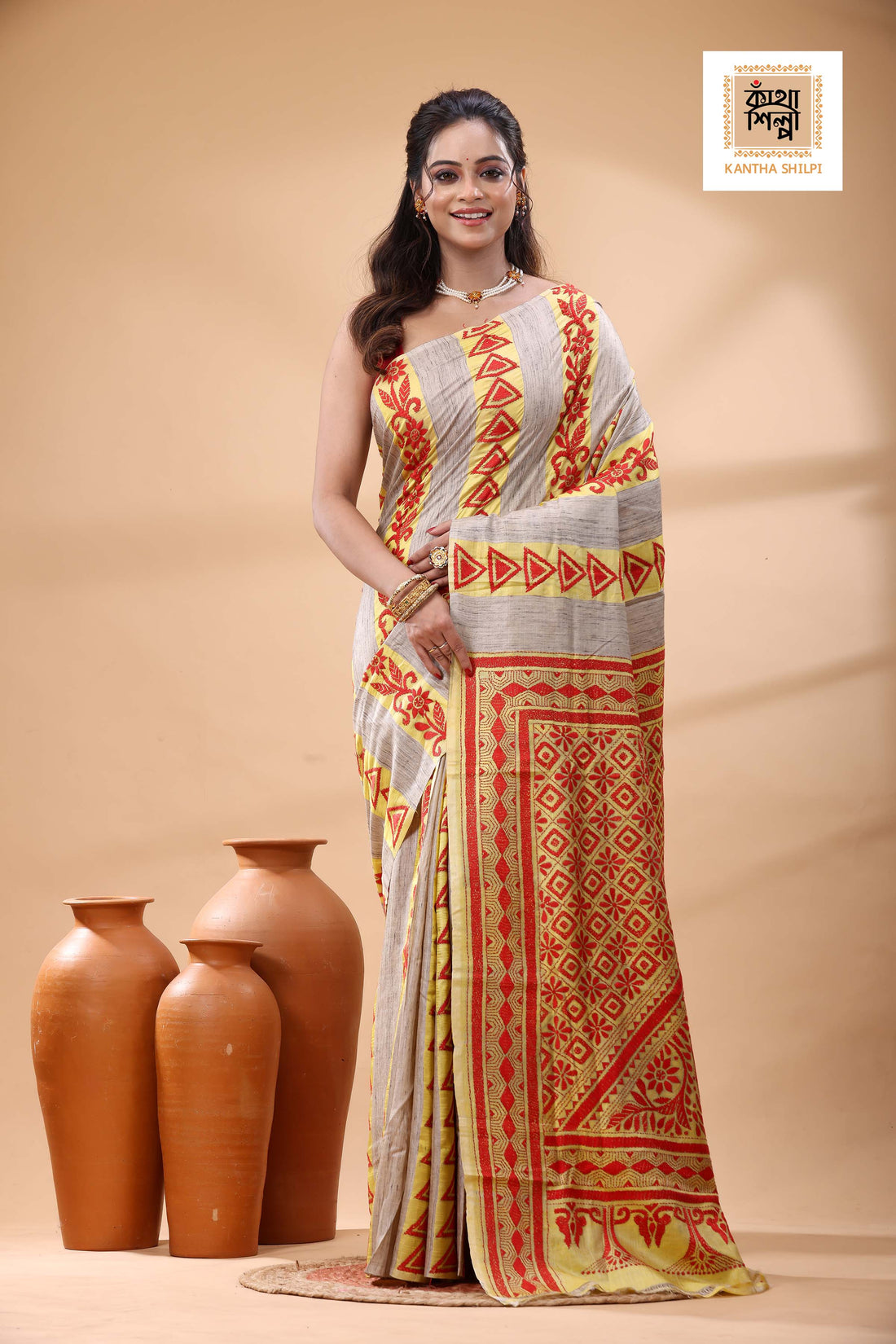 Bishnupuri (Katan) Silk with Ketiya Tussar Stripe Kantha Stitch Saree