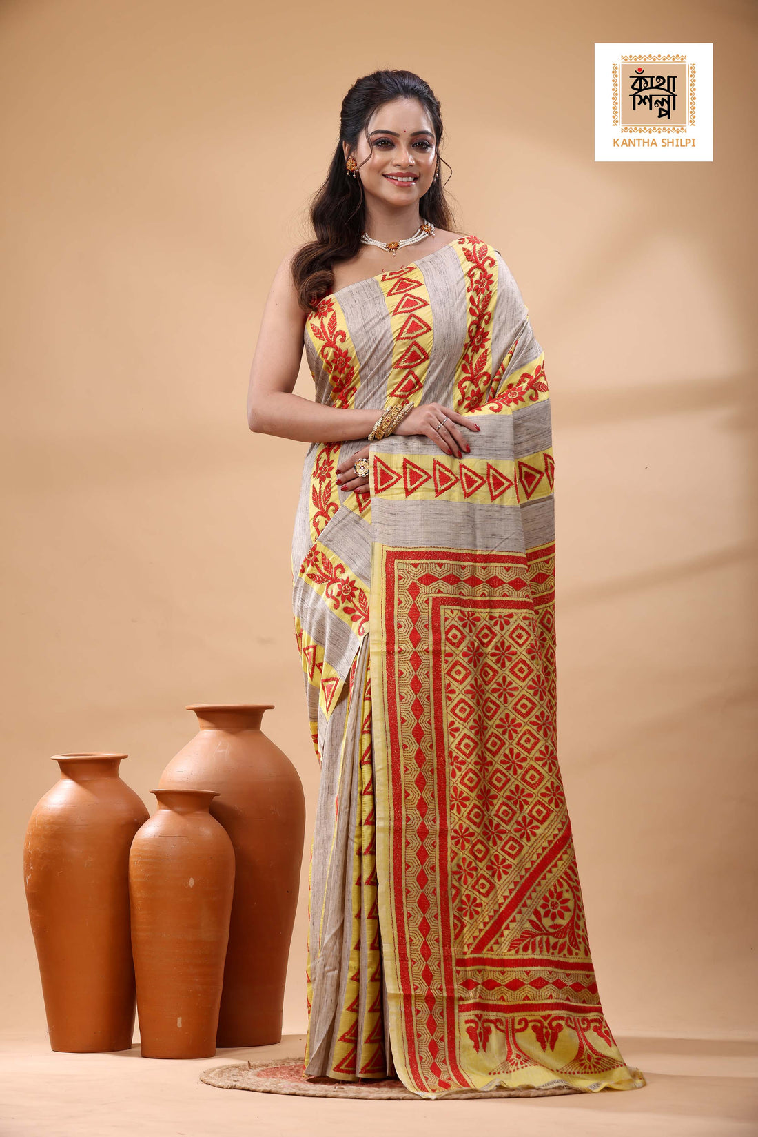 Bishnupuri (Katan) Silk with Ketiya Tussar Stripe Kantha Stitch Saree
