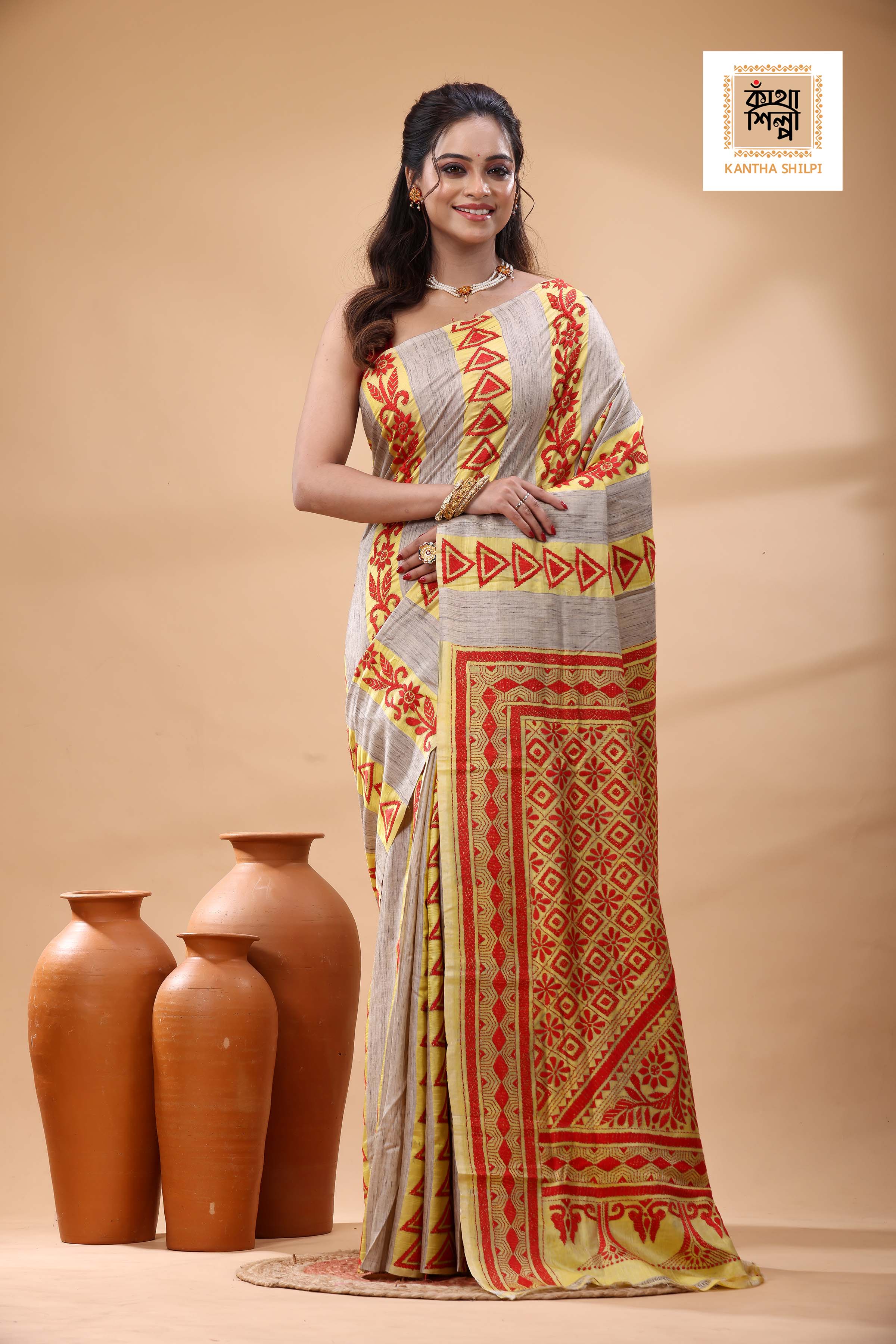 Bishnupuri (Katan) Silk with Ketiya Tussar Stripe Kantha Stitch Saree