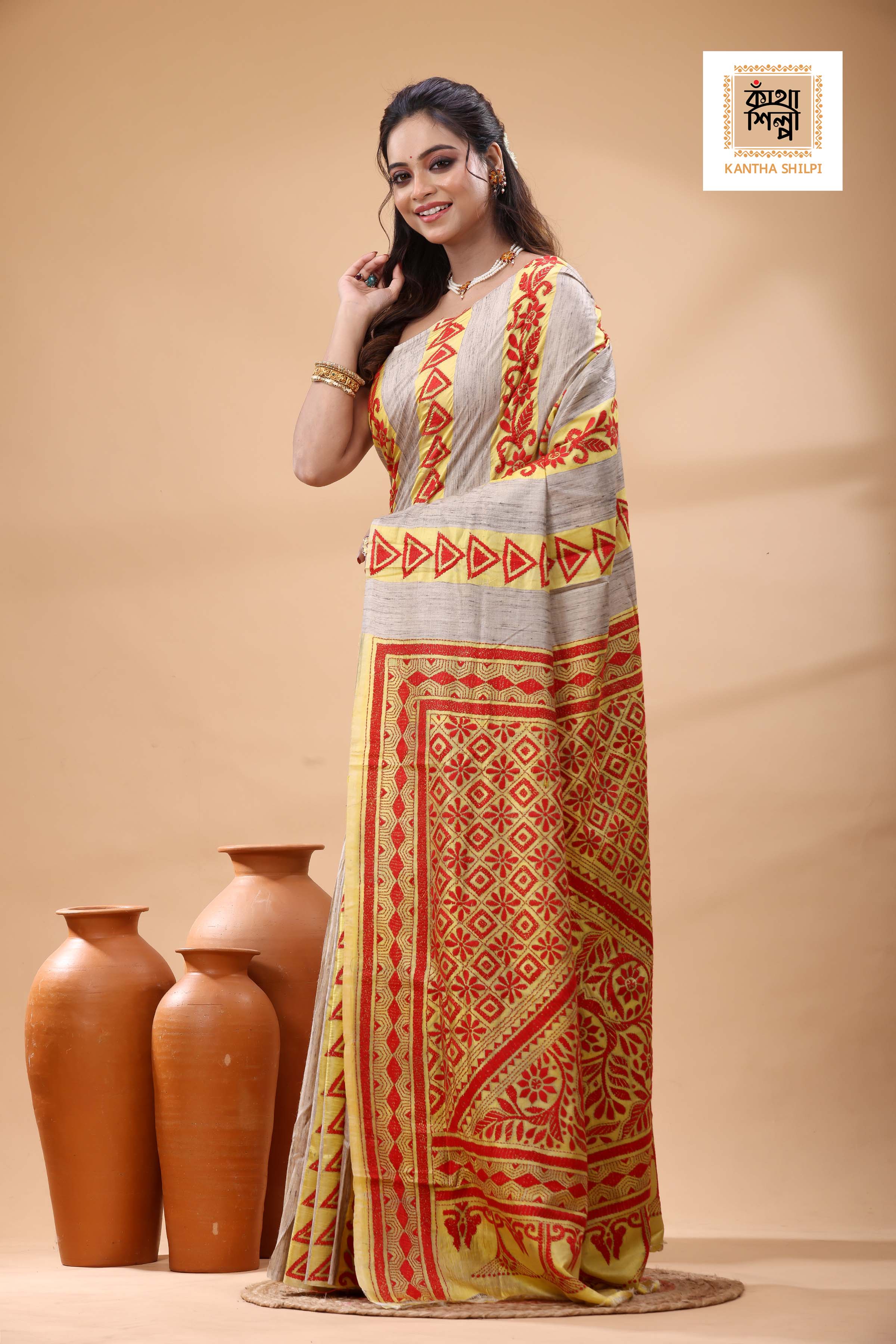 Bishnupuri (Katan) Silk with Ketiya Tussar Stripe Kantha Stitch Saree