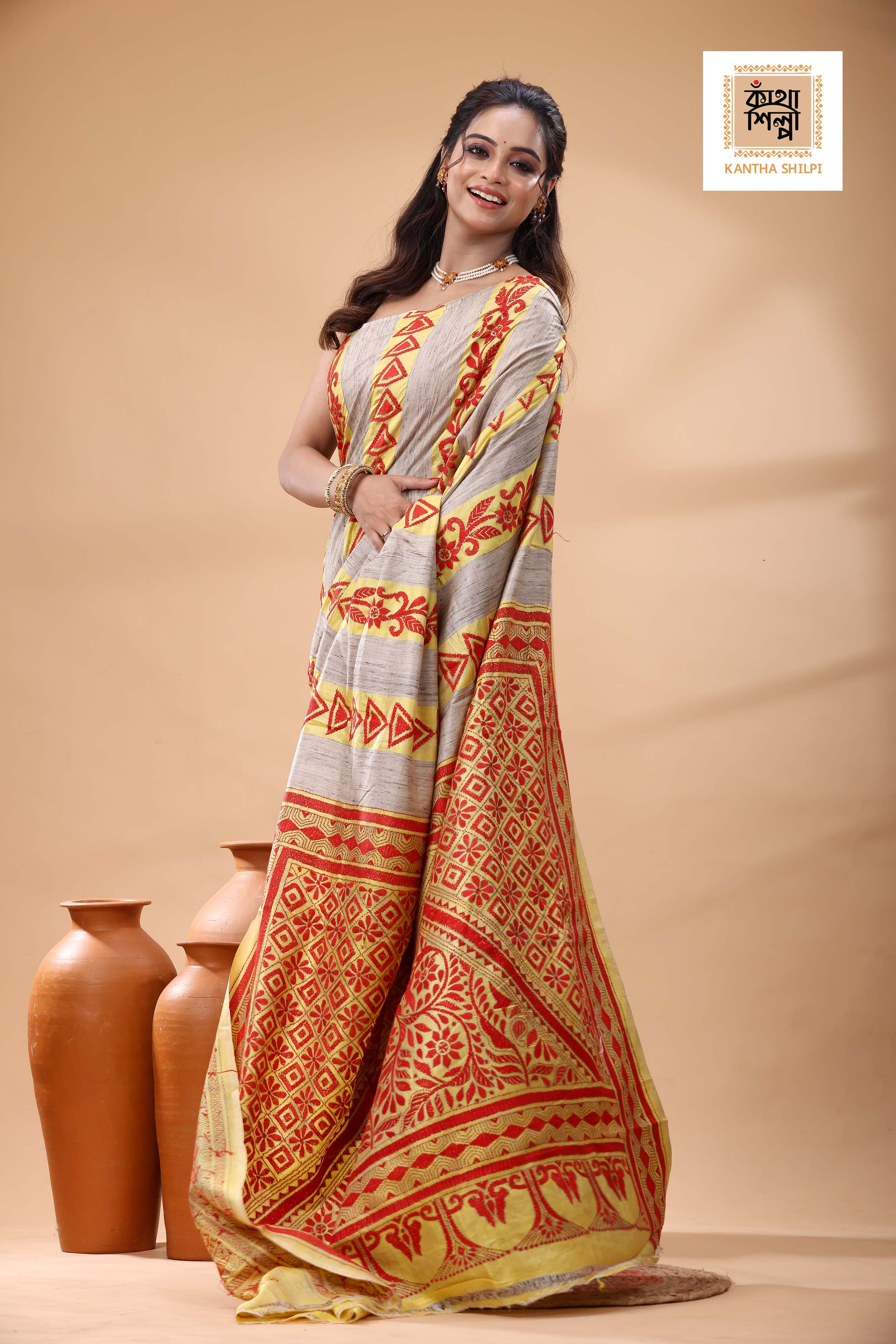 Bishnupuri (Katan) Silk with Ketiya Tussar Stripe Kantha Stitch Saree