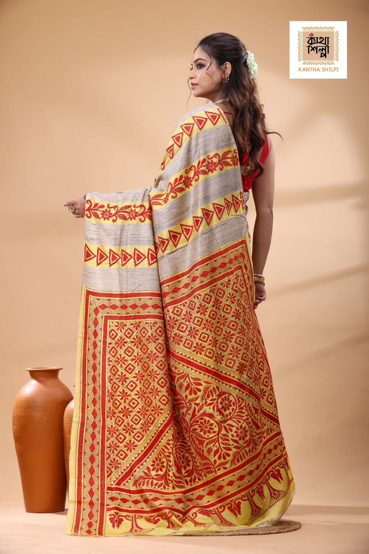 Bishnupuri (Katan) Silk with Ketiya Tussar Stripe Kantha Stitch Saree