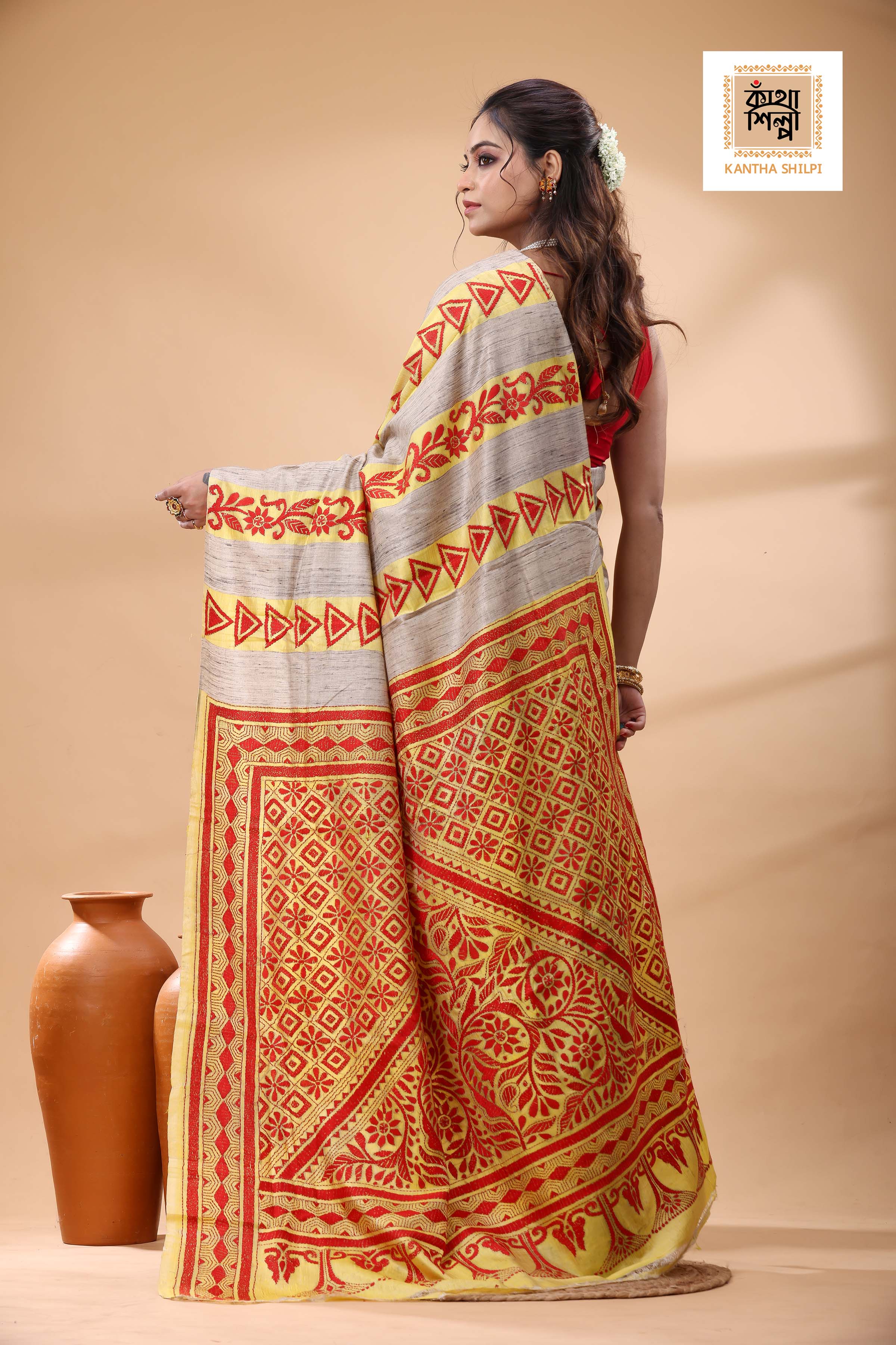 Bishnupuri (Katan) Silk with Ketiya Tussar Stripe Kantha Stitch Saree