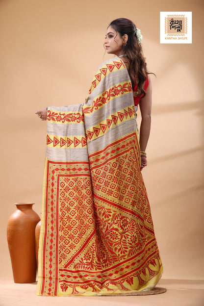 Bishnupuri (Katan) Silk with Ketiya Tussar Stripe Kantha Stitch Saree
