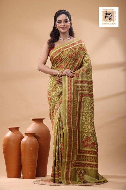 Pure Gachi Tussar Red Yellow Color Thread Work Kantha Stitch Saree