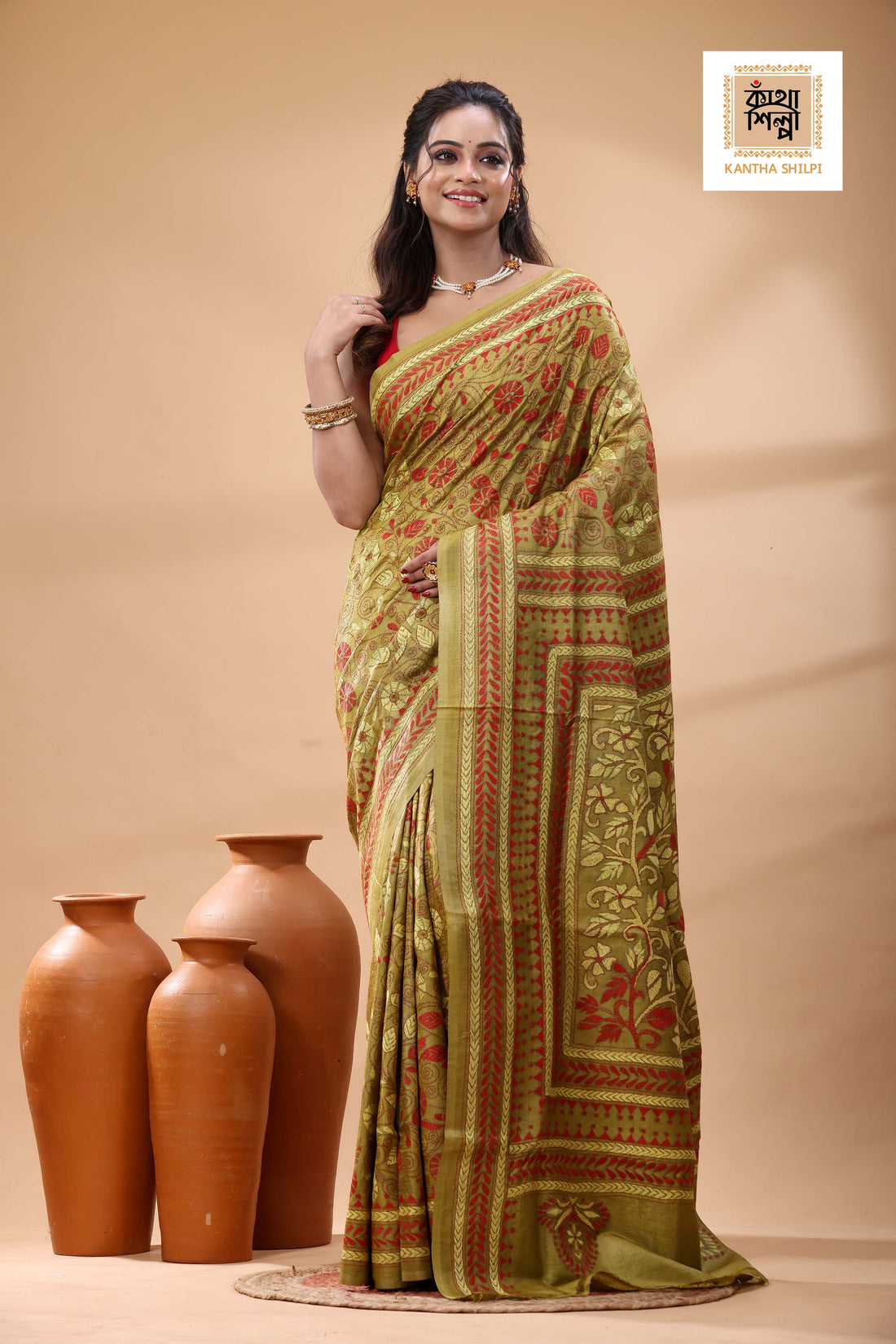 Pure Gachi Tussar Red Yellow Color Thread Work Kantha Stitch Saree
