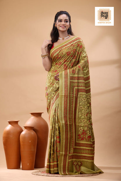 Pure Gachi Tussar Red Yellow Color Thread Work Kantha Stitch Saree