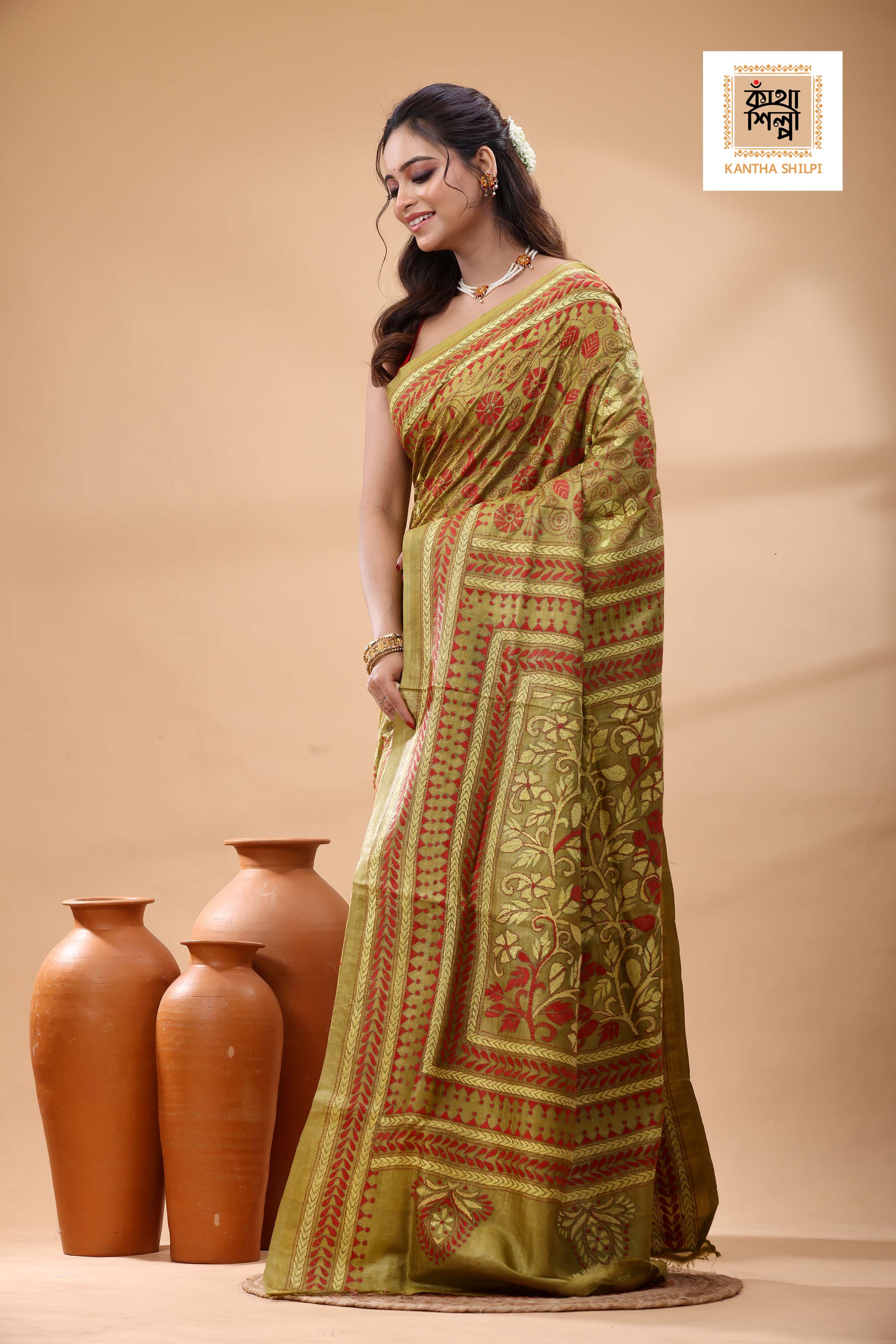 Pure Gachi Tussar Red Yellow Color Thread Work Kantha Stitch Saree