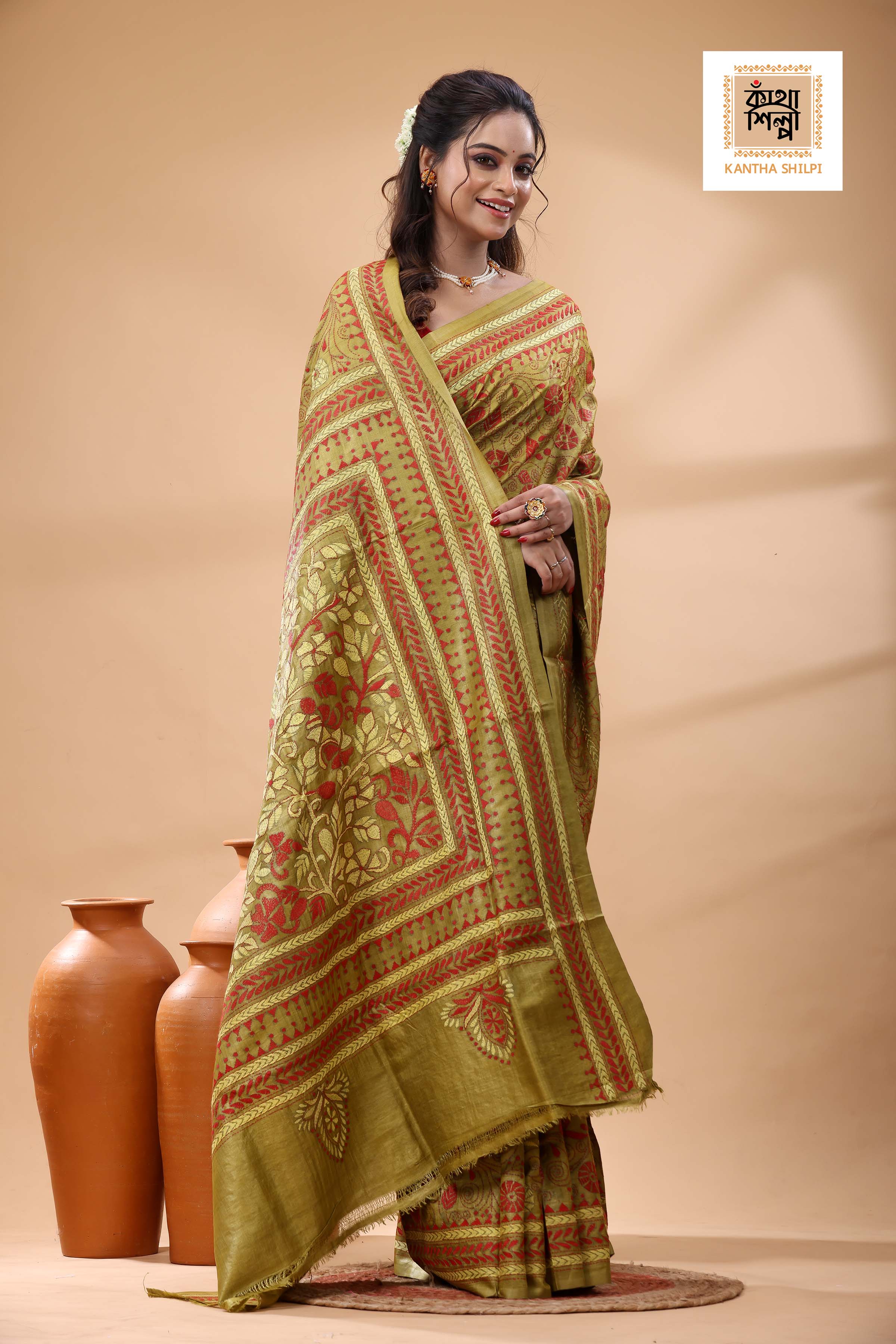 Pure Gachi Tussar Red Yellow Color Thread Work Kantha Stitch Saree