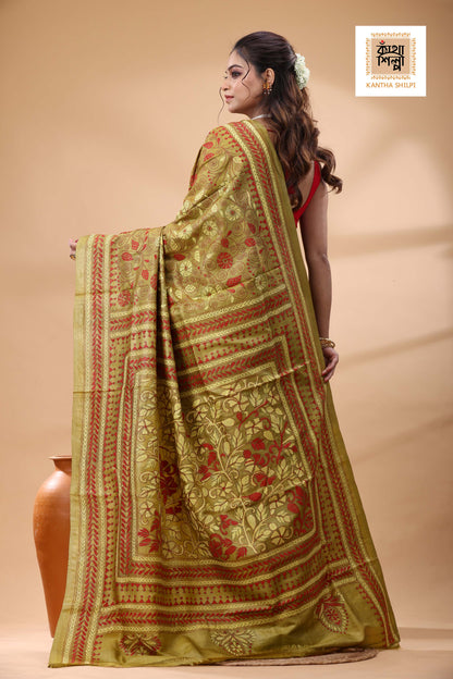 Pure Gachi Tussar Red Yellow Color Thread Work Kantha Stitch Saree