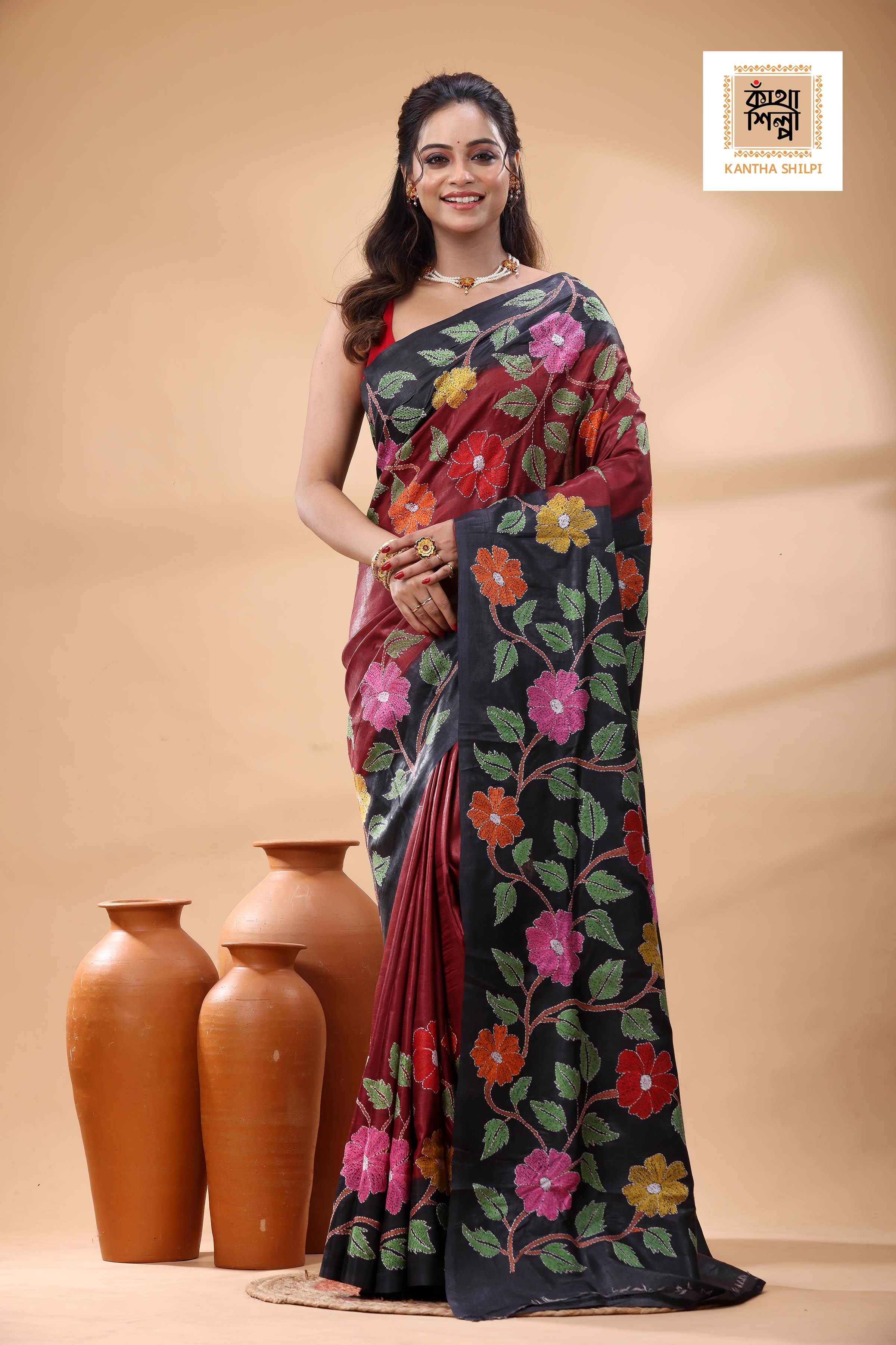 Pure Dye Gachi Tussar Multicolor Thread Work Kantha Stitch Saree