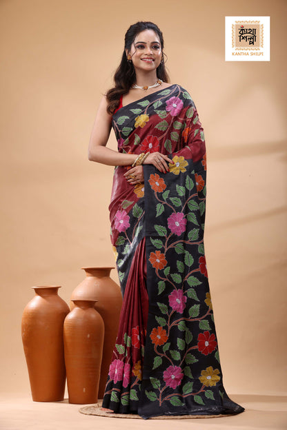 Pure Dye Gachi Tussar Multicolor Thread Work Kantha Stitch Saree