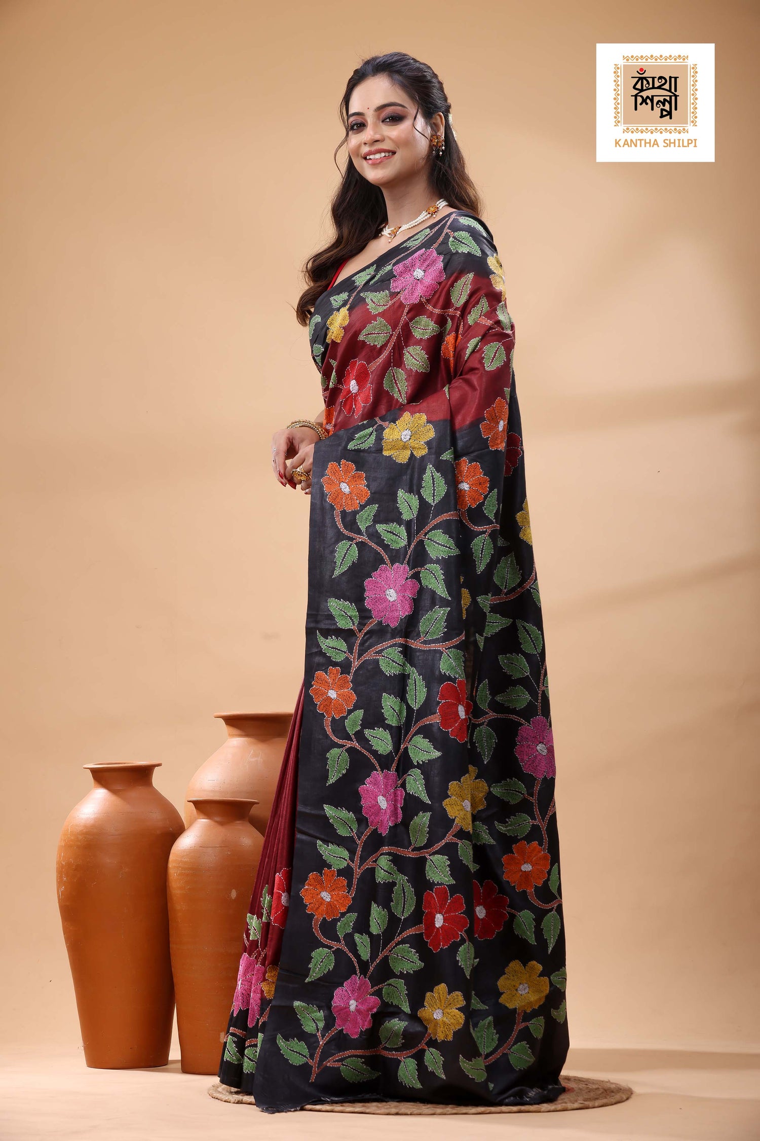 Pure Dye Gachi Tussar Multicolor Thread Work Kantha Stitch Saree