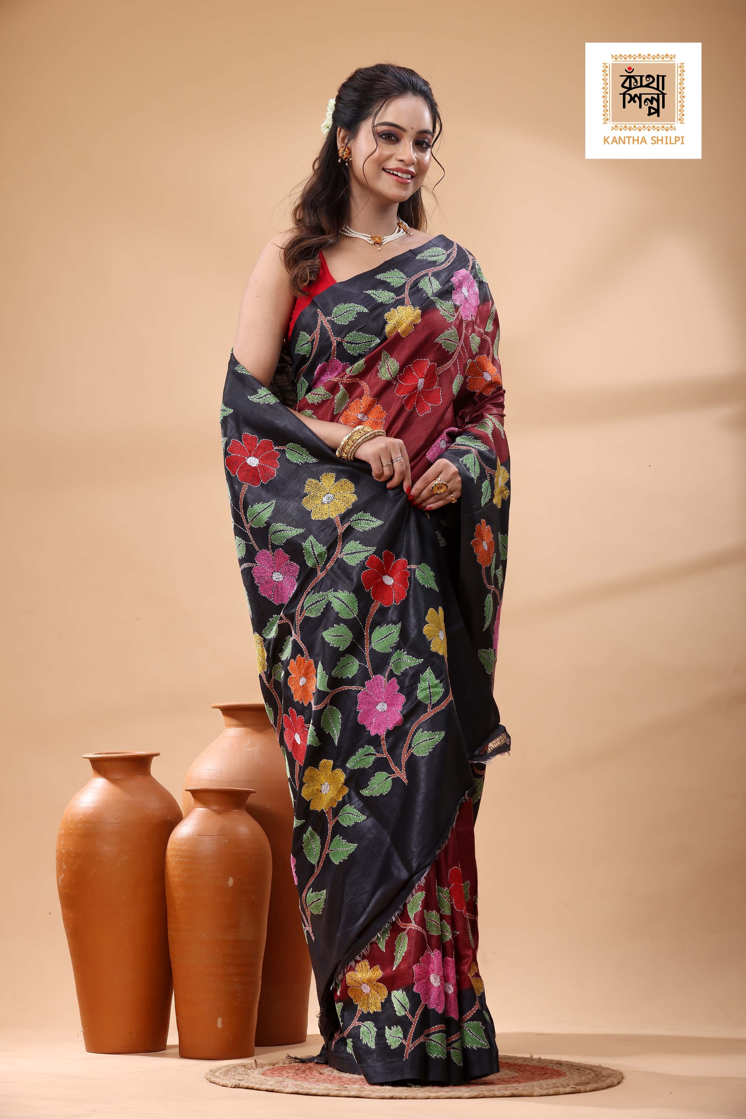 Pure Dye Gachi Tussar Multicolor Thread Work Kantha Stitch Saree