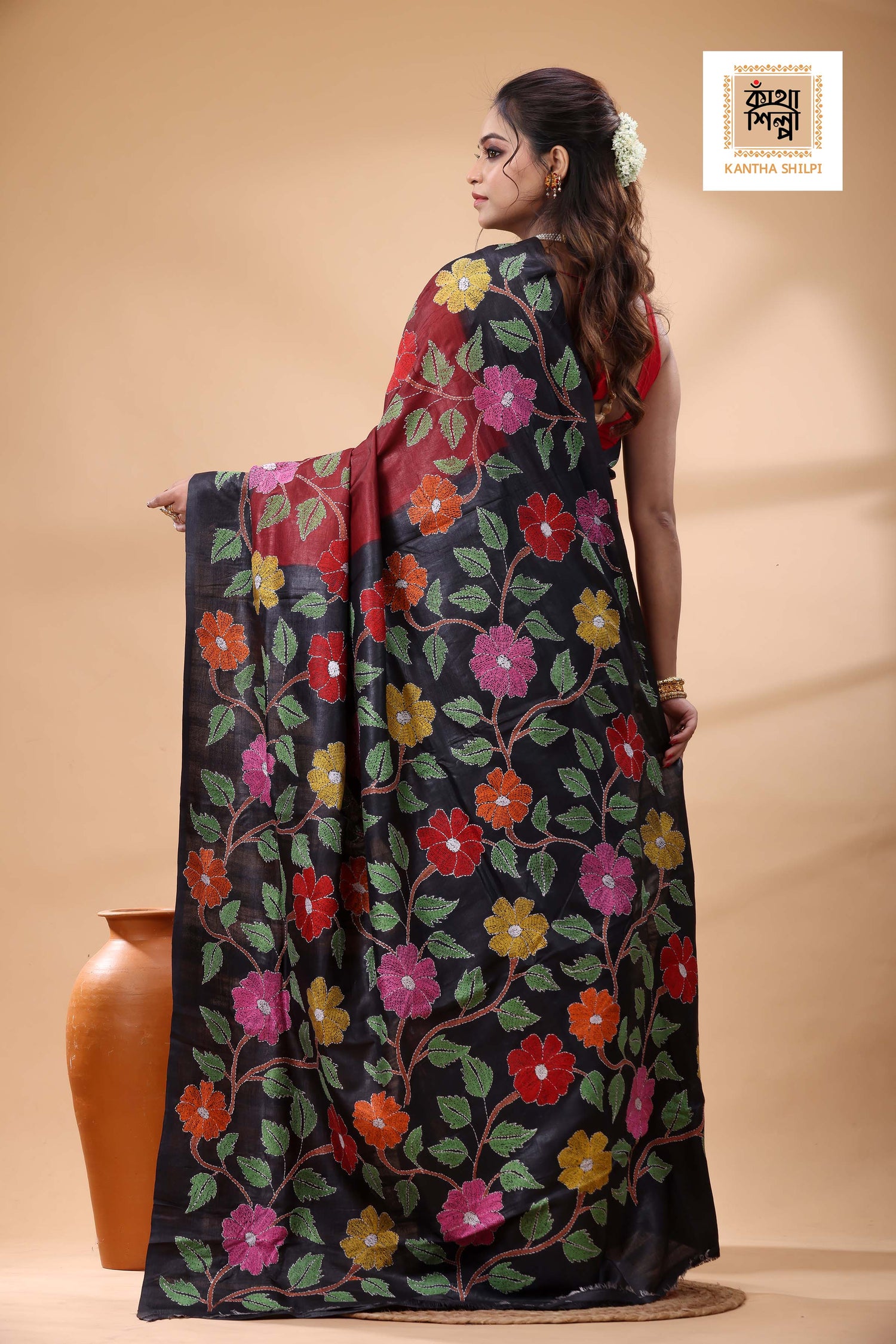 Pure Dye Gachi Tussar Multicolor Thread Work Kantha Stitch Saree
