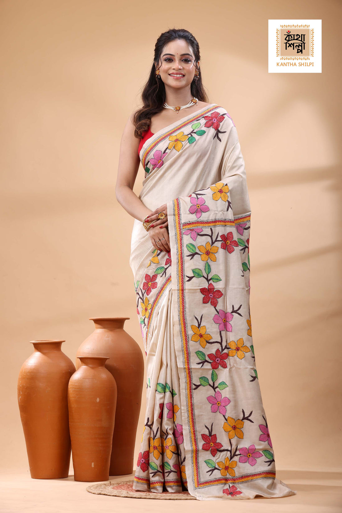 Pure Gachi Tussar Multicolor Thread Work Kantha Stitch Saree