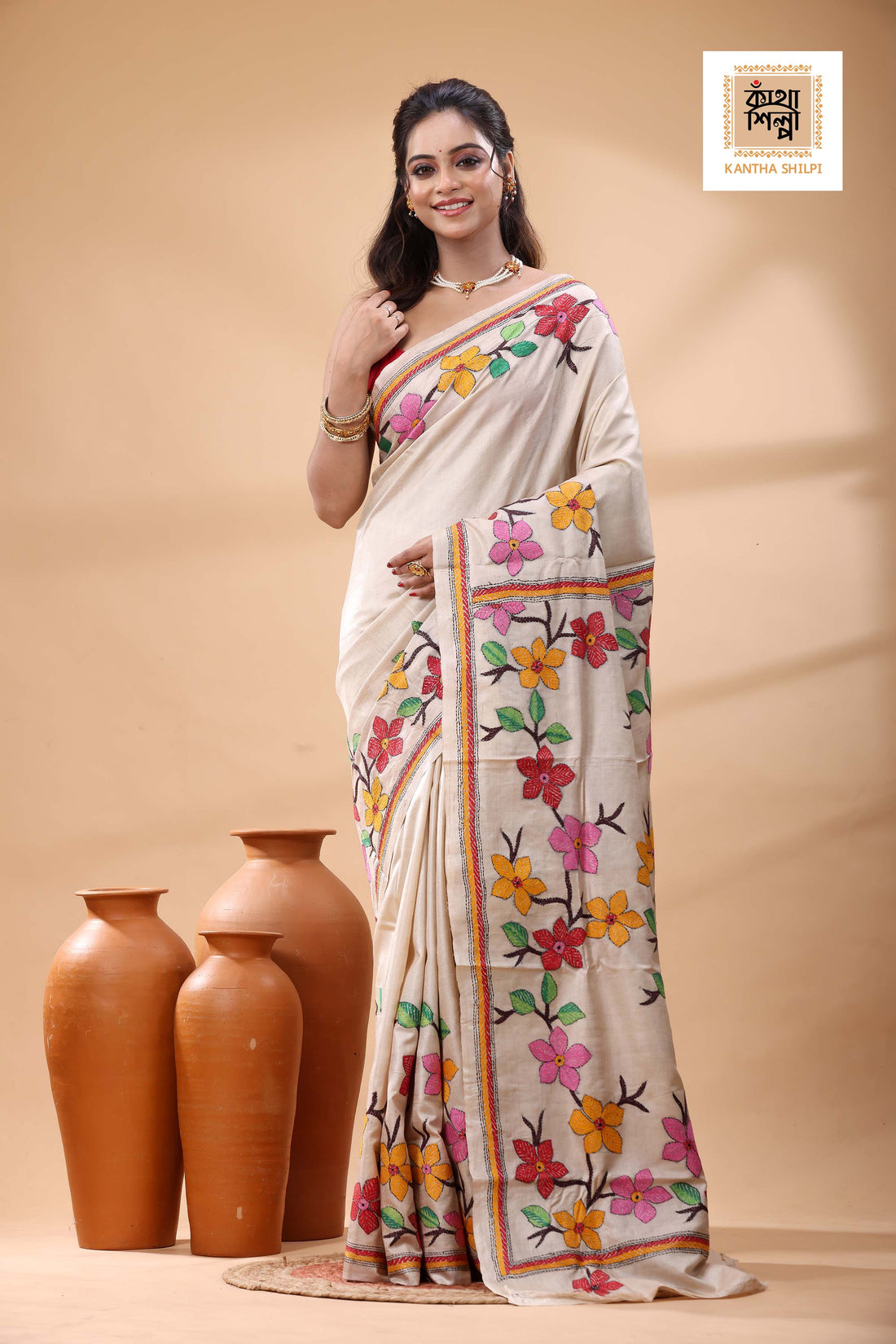 Pure Gachi Tussar Multicolor Thread Work Kantha Stitch Saree