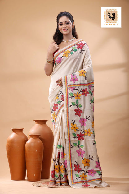 Pure Gachi Tussar Multicolor Thread Work Kantha Stitch Saree