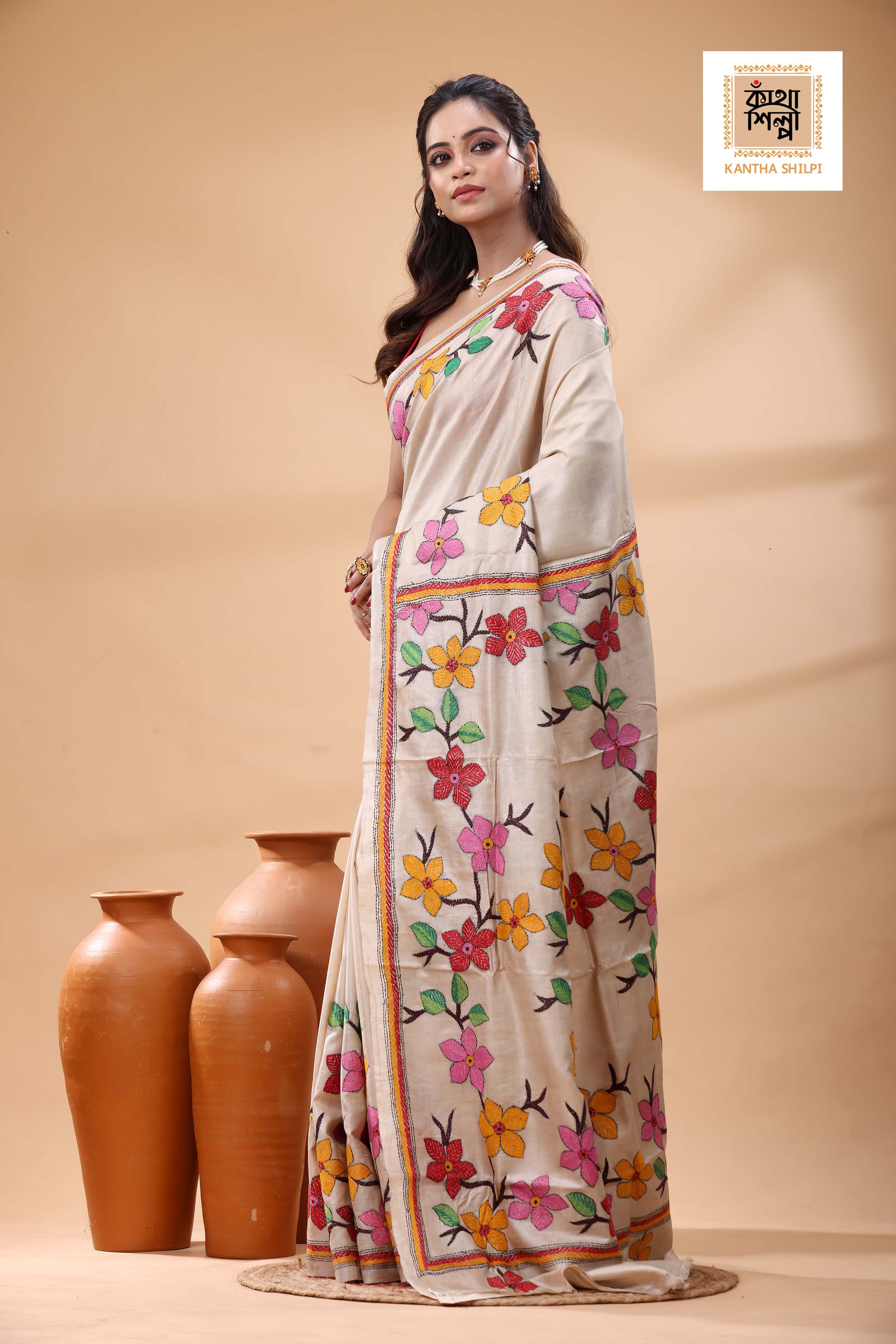 Pure Gachi Tussar Multicolor Thread Work Kantha Stitch Saree