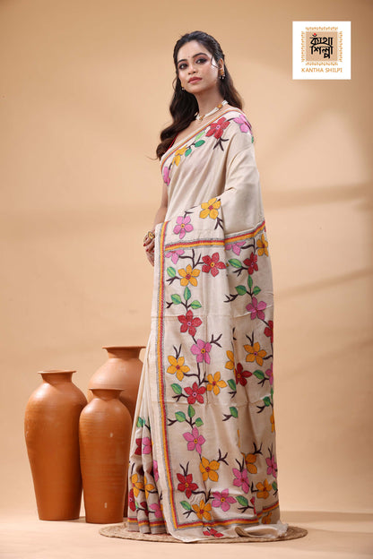 Pure Gachi Tussar Multicolor Thread Work Kantha Stitch Saree