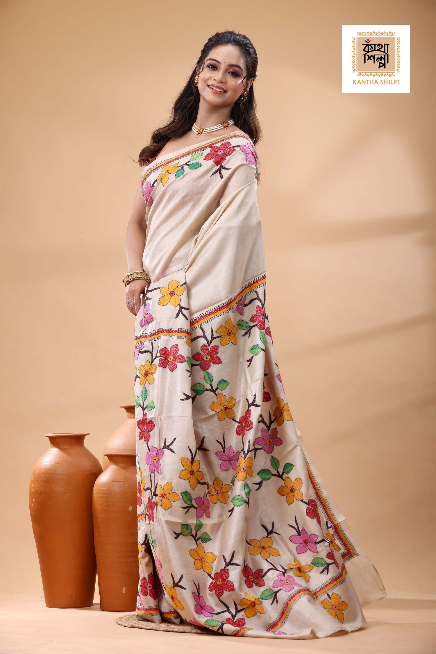 Pure Gachi Tussar Multicolor Thread Work Kantha Stitch Saree