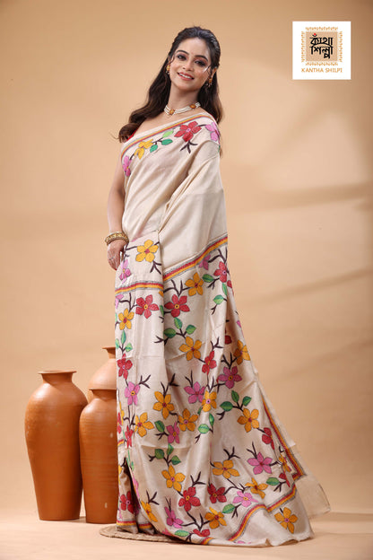 Pure Gachi Tussar Multicolor Thread Work Kantha Stitch Saree