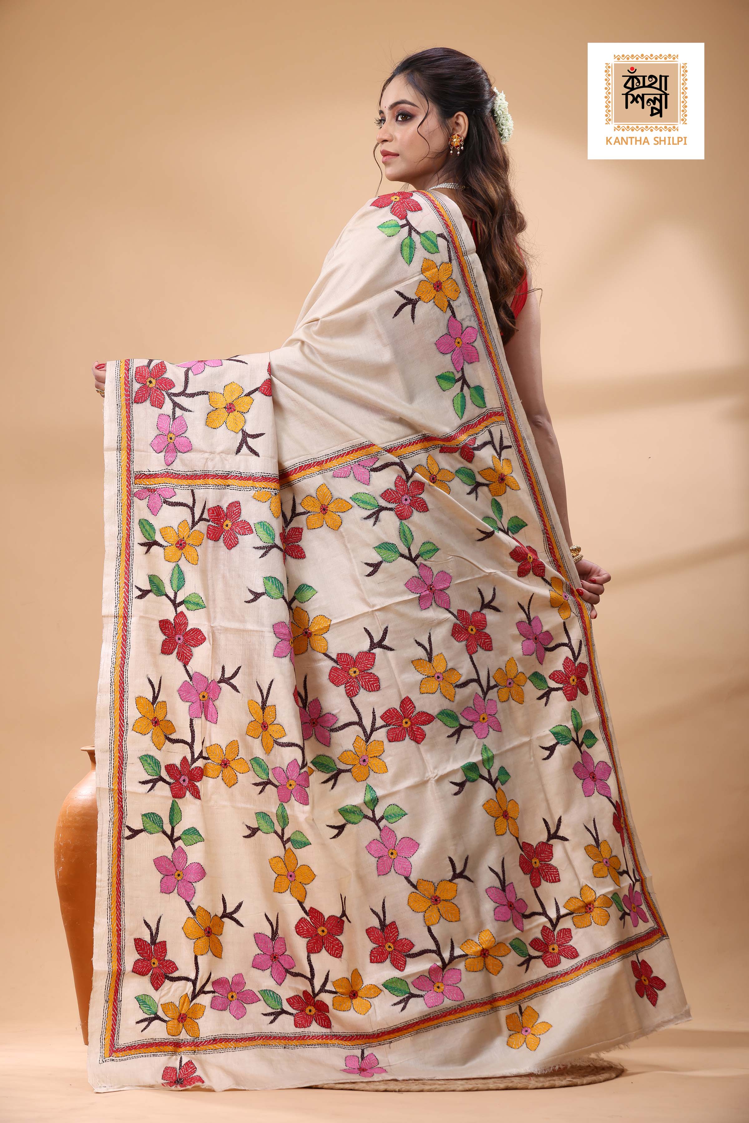 Pure Gachi Tussar Multicolor Thread Work Kantha Stitch Saree
