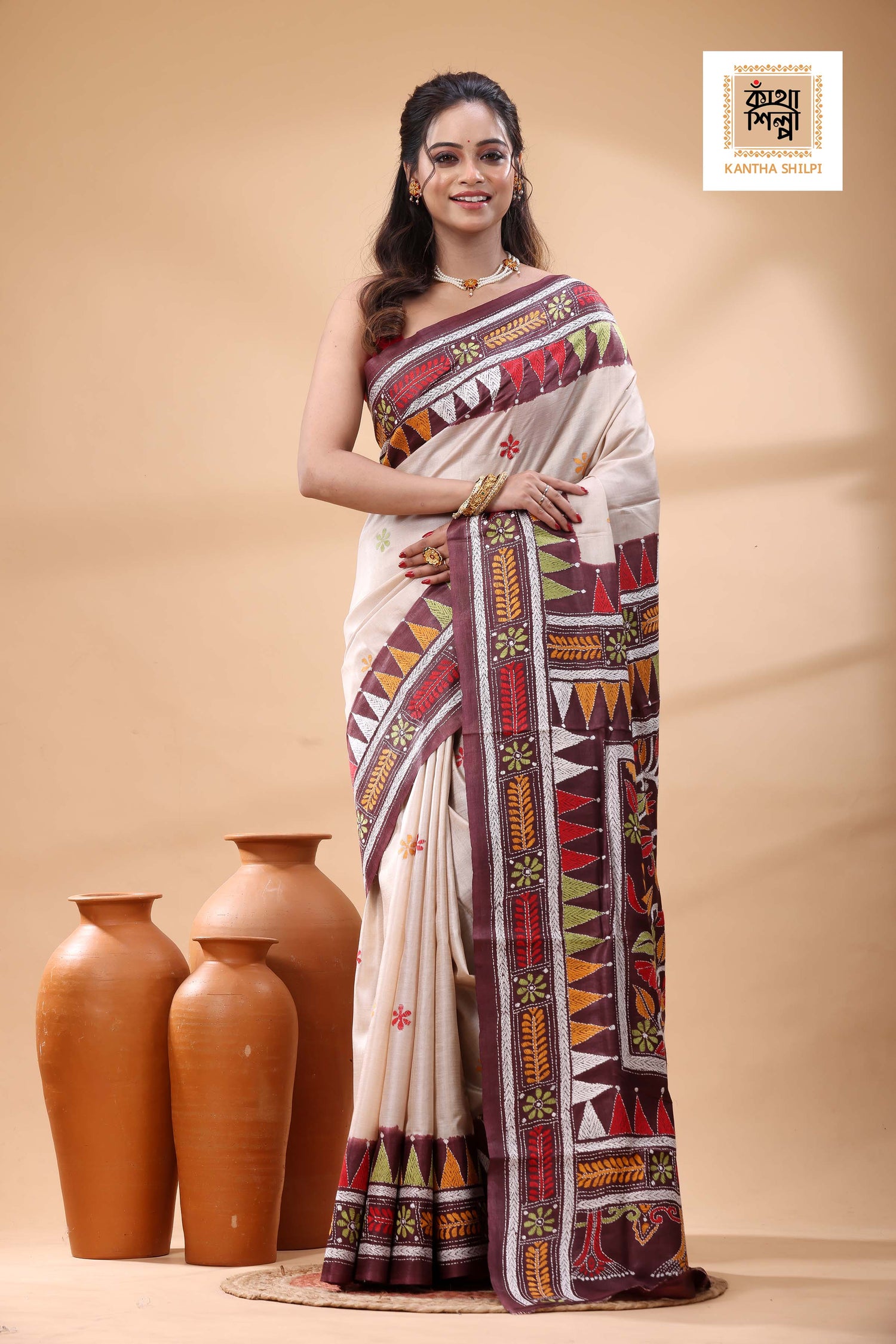 Pure Gachi Tussar Multicolor Thread Work Kantha Stitch Saree