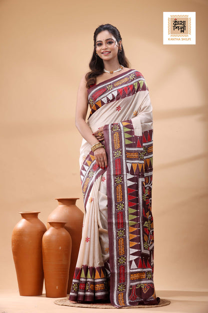 Pure Gachi Tussar Multicolor Thread Work Kantha Stitch Saree
