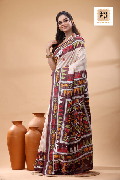 Pure Gachi Tussar Multicolor Thread Work Kantha Stitch Saree