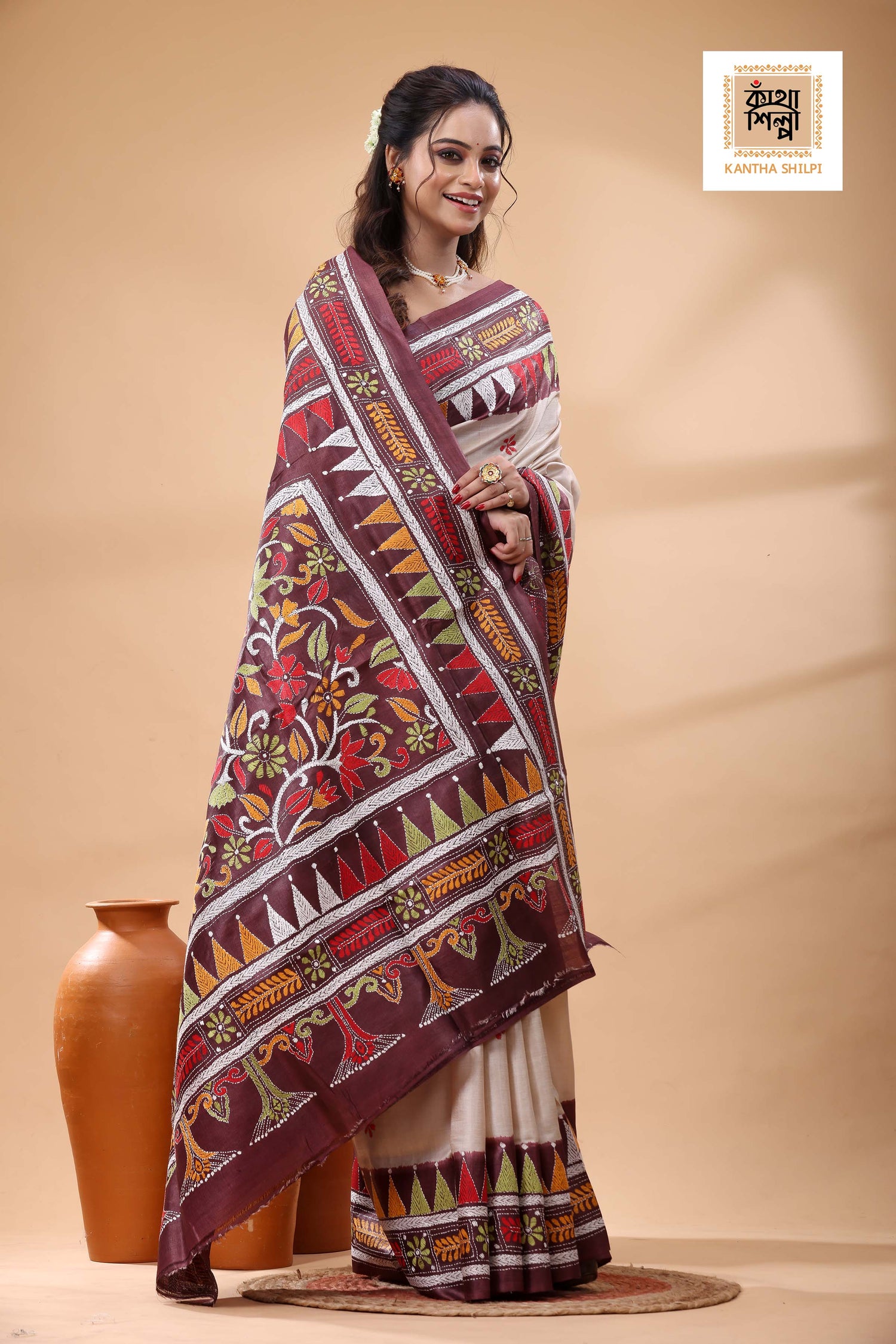 Pure Gachi Tussar Multicolor Thread Work Kantha Stitch Saree