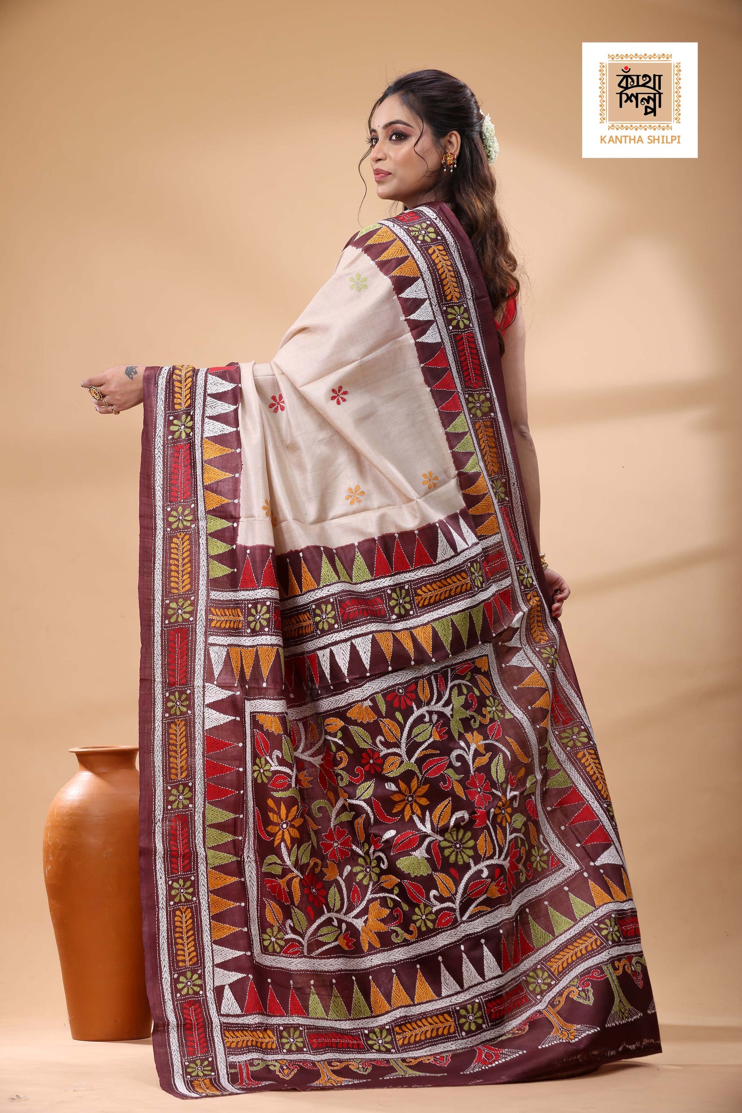 Pure Gachi Tussar Multicolor Thread Work Kantha Stitch Saree