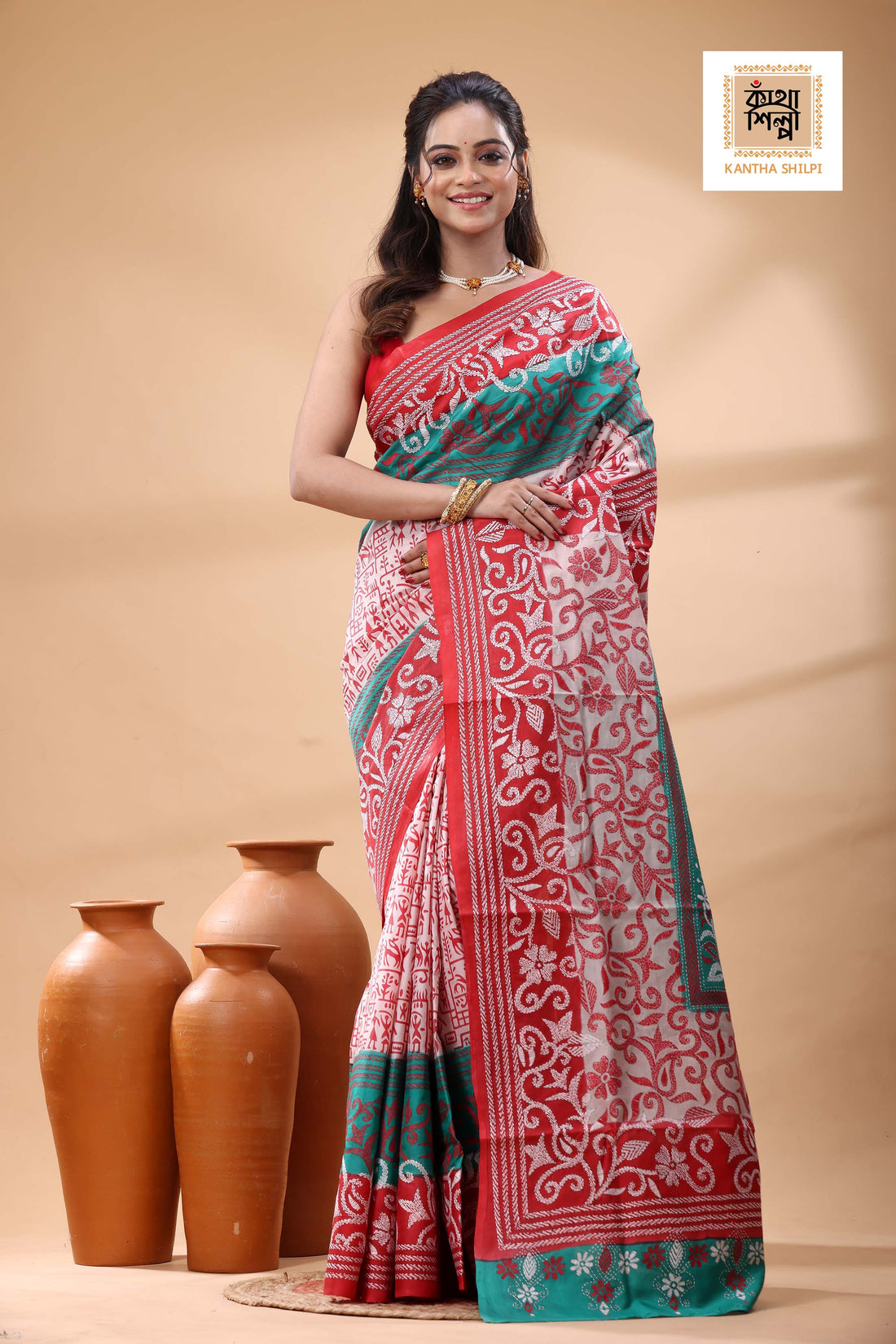 Multicolor Dye Pure Bangalore Silk White Red Color Thread Work Kantha Stitch Saree