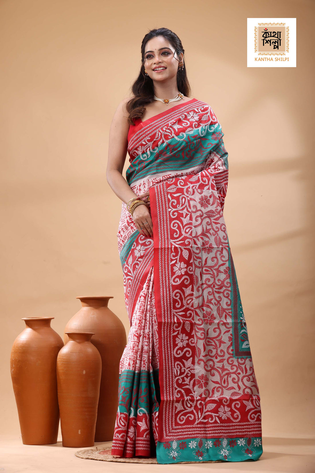 Multicolor Dye Pure Bangalore Silk White Red Color Thread Work Kantha Stitch Saree