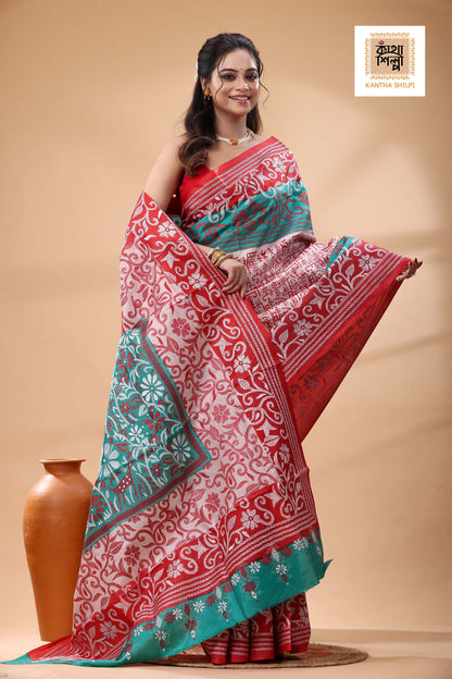 Multicolor Dye Pure Bangalore Silk White Red Color Thread Work Kantha Stitch Saree
