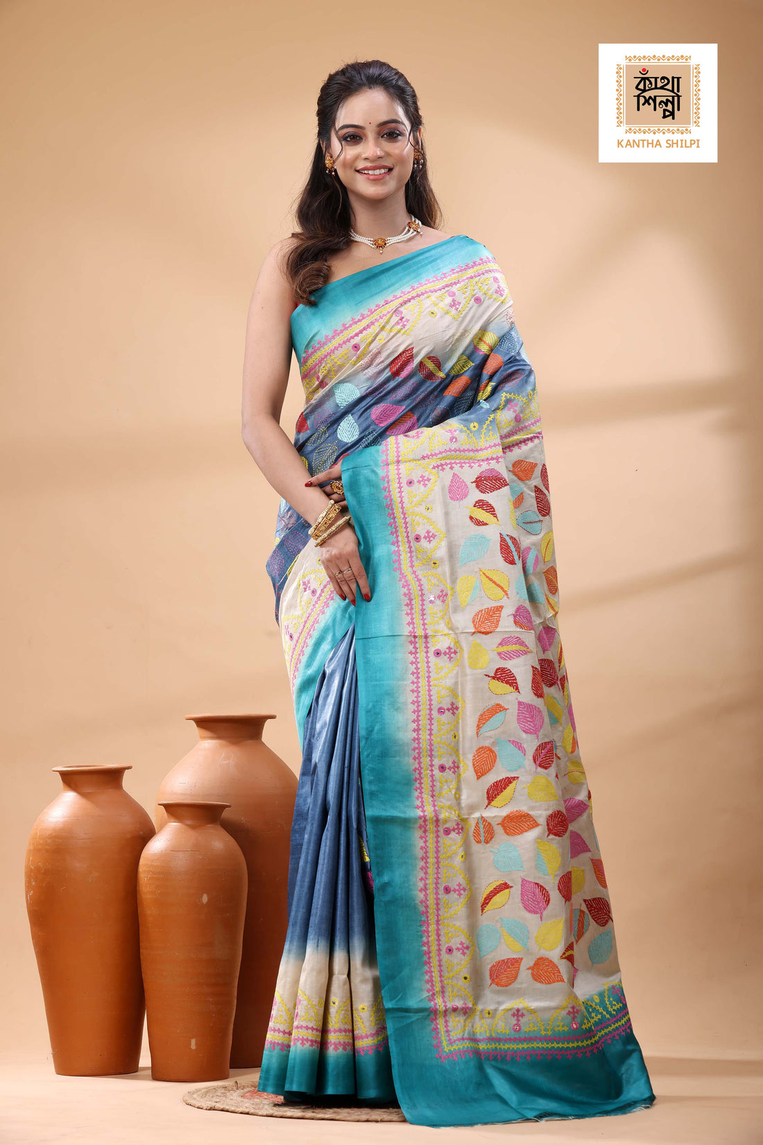 Pure Gachi Dye Tussar Silk Kantha and Gujrati Stitch Saree