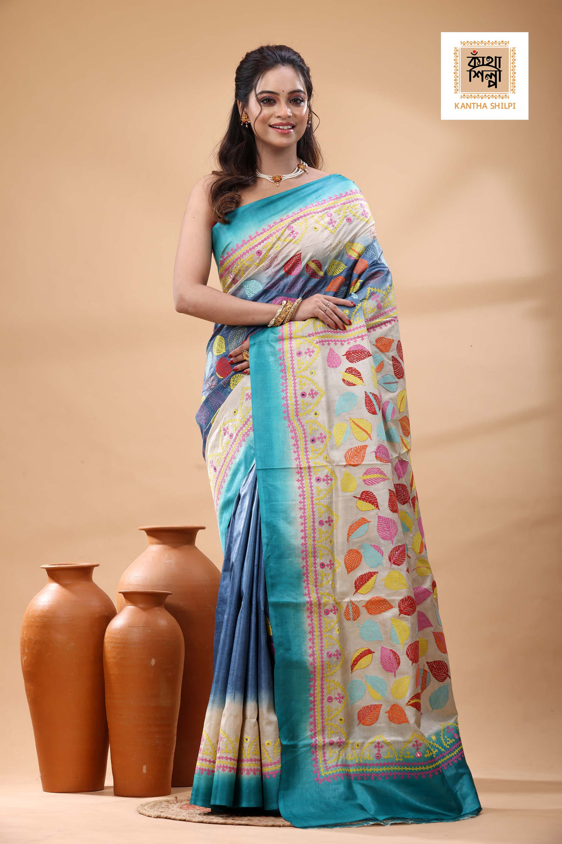 Pure Gachi Dye Tussar Silk Kantha and Gujrati Stitch Saree