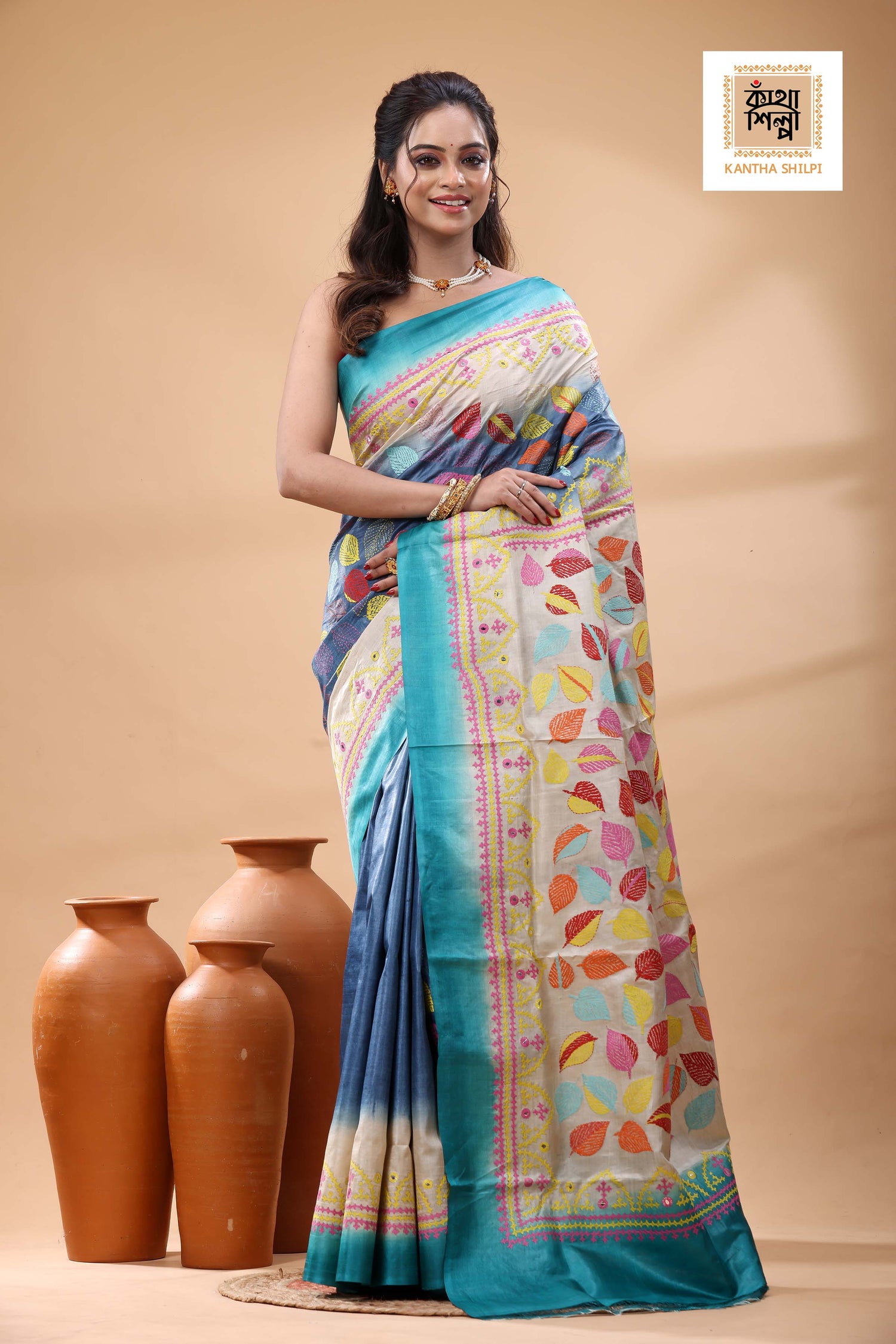 Pure Gachi Dye Tussar Silk Kantha and Gujrati Stitch Saree