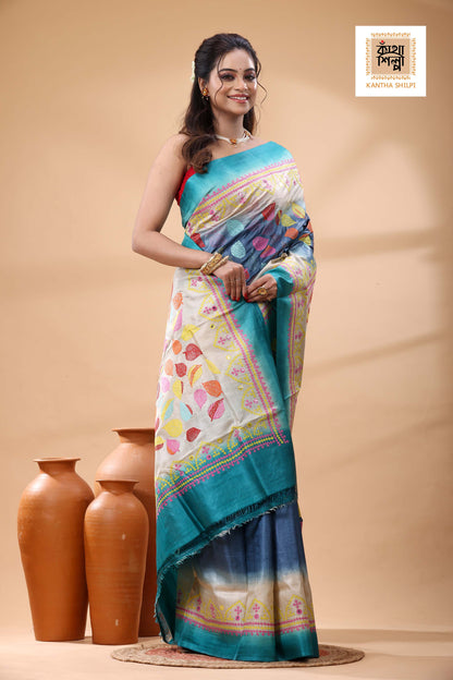 Pure Gachi Dye Tussar Silk Kantha and Gujrati Stitch Saree