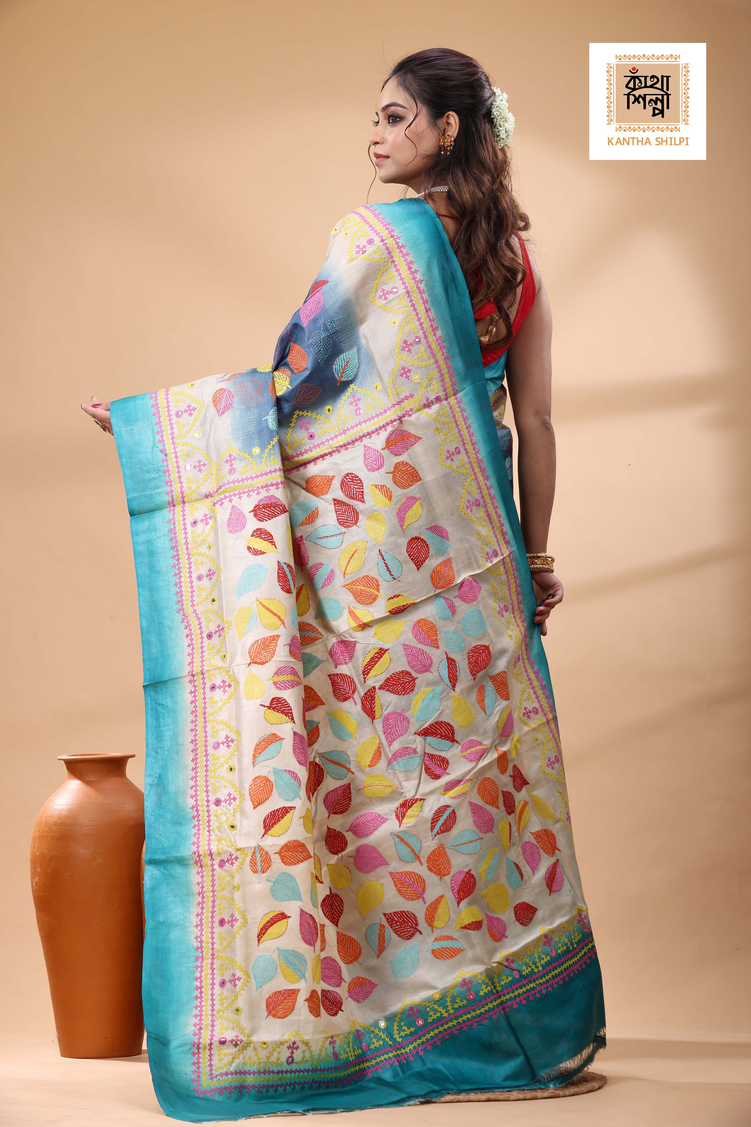 Pure Gachi Dye Tussar Silk Kantha and Gujrati Stitch Saree