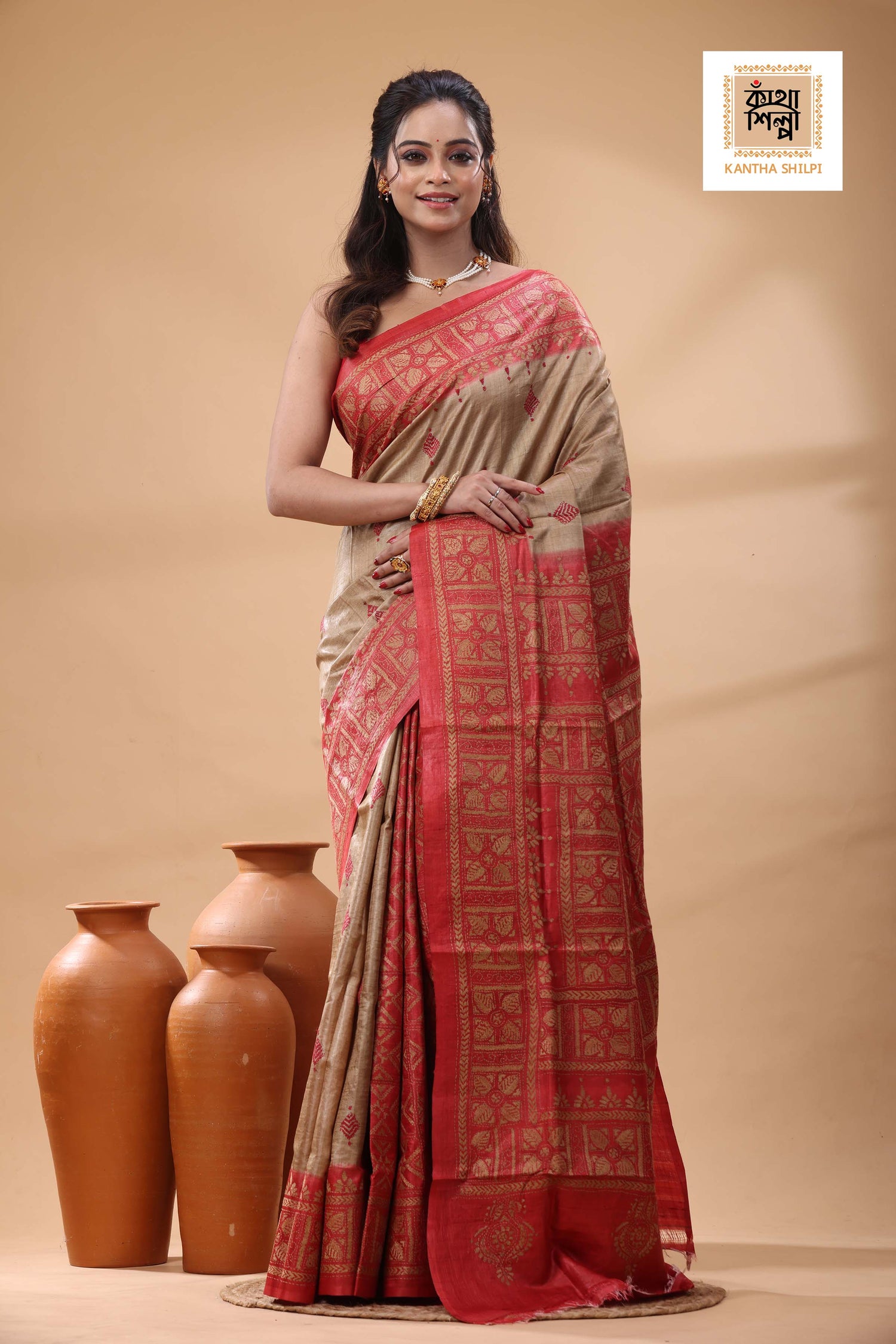 Pure Gachi Dye Tussar Beige Red Color Thread Work Kantha Stitch Saree