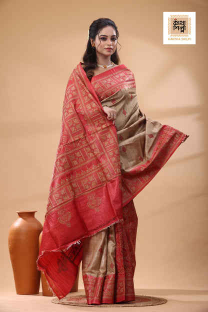 Pure Gachi Dye Tussar Beige Red Color Thread Work Kantha Stitch Saree