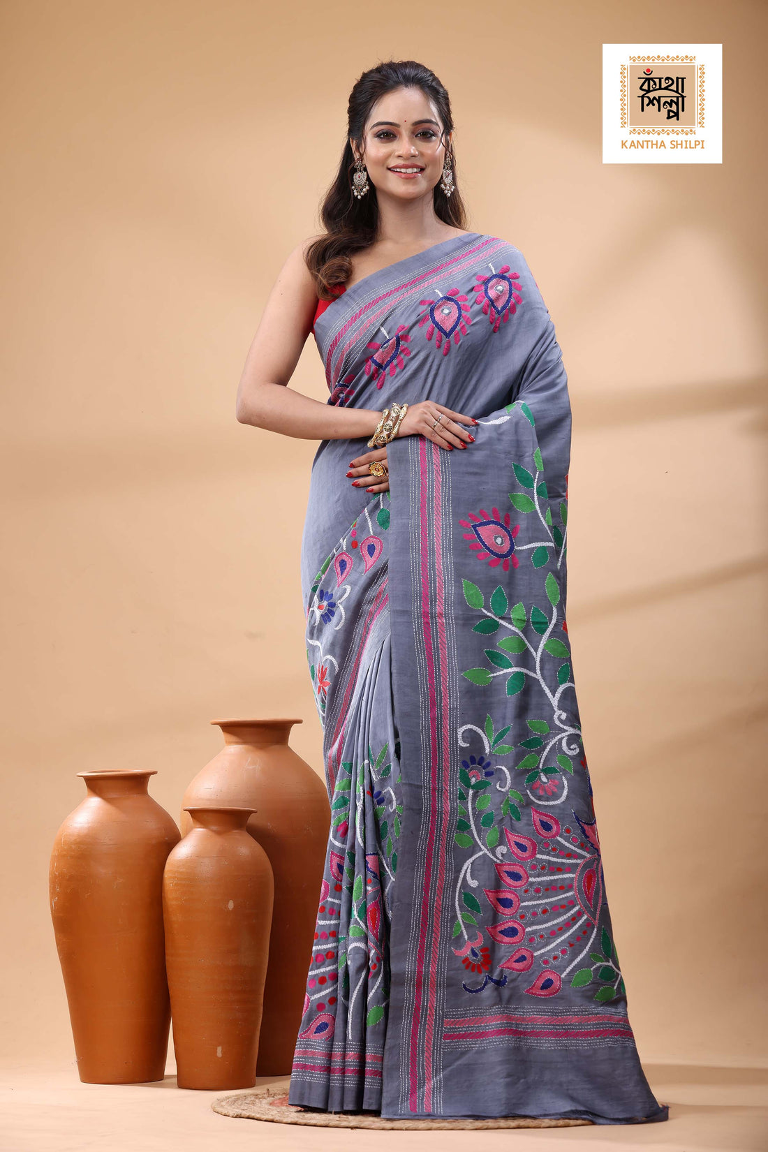 Pure Dye Murshidabad Silk with Multicolor Thread Work Kantha Stitch Saree