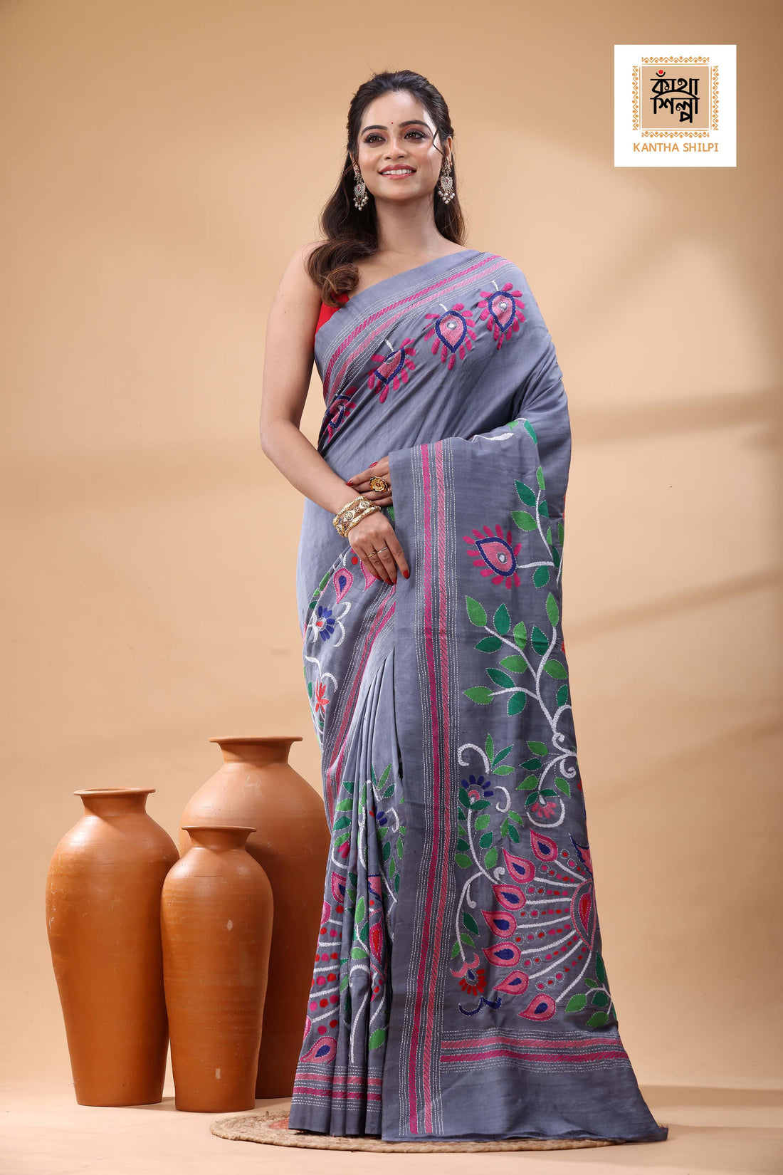 Pure Dye Murshidabad Silk with Multicolor Thread Work Kantha Stitch Saree