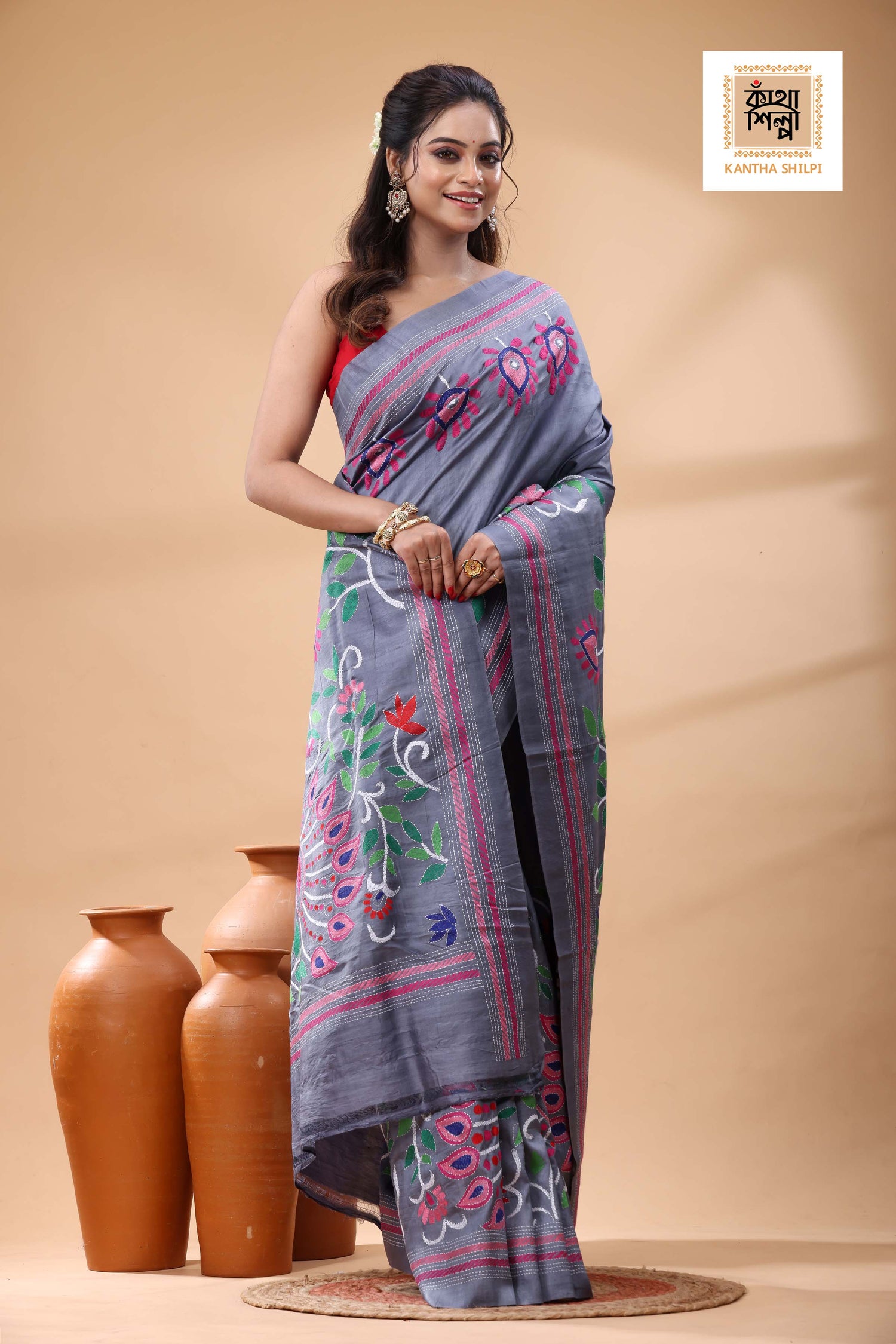 Pure Dye Murshidabad Silk with Multicolor Thread Work Kantha Stitch Saree
