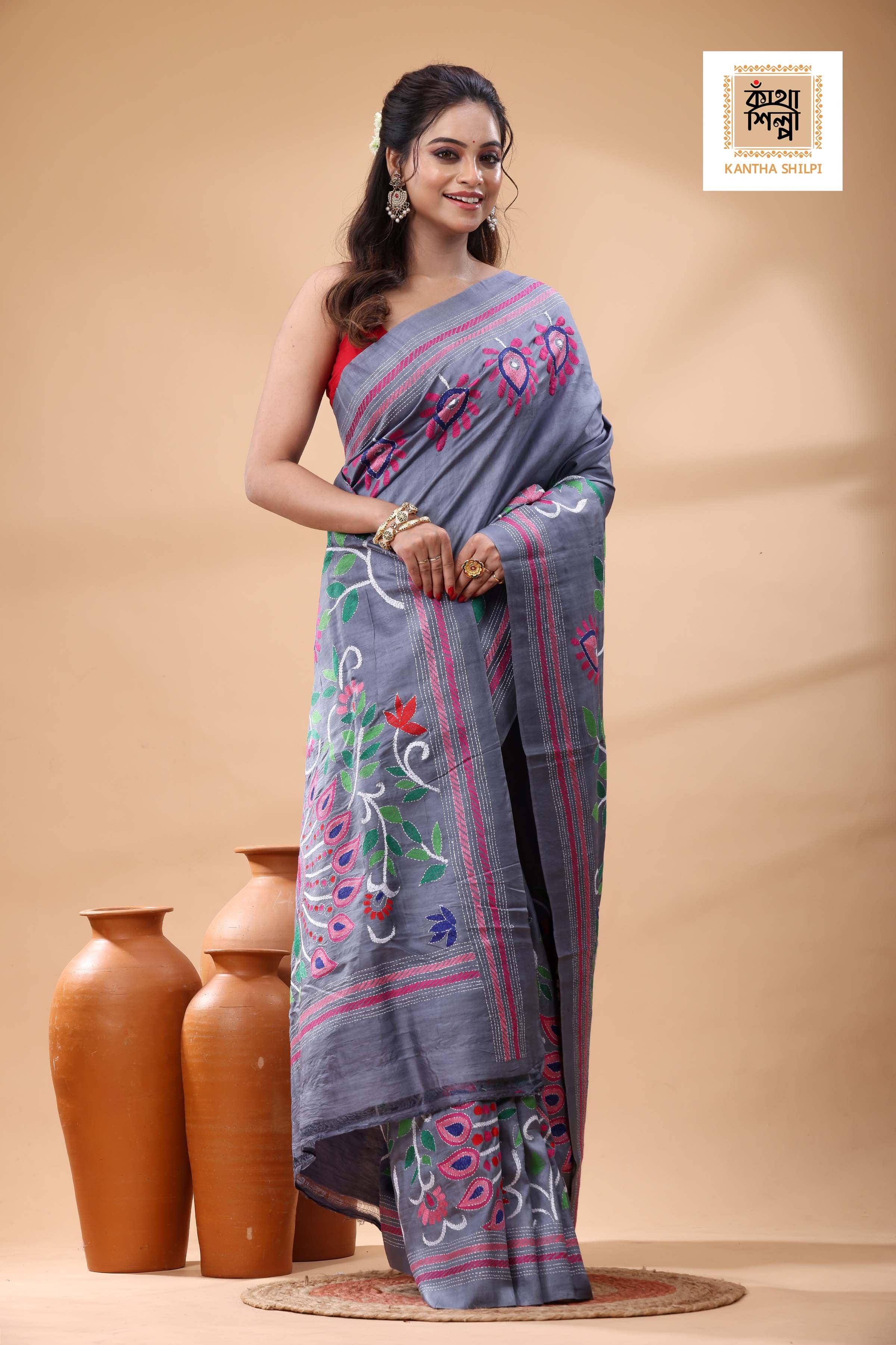 Pure Dye Murshidabad Silk with Multicolor Thread Work Kantha Stitch Saree