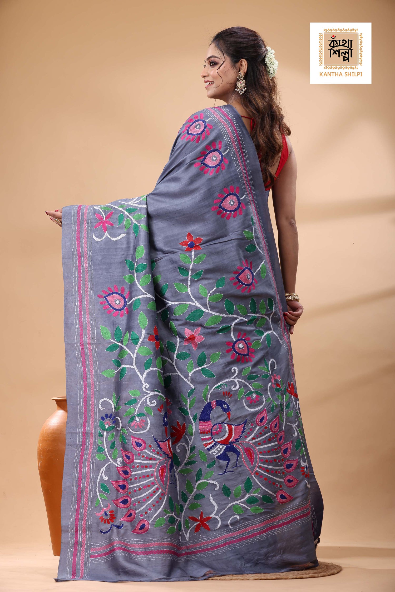 Pure Dye Murshidabad Silk with Multicolor Thread Work Kantha Stitch Saree
