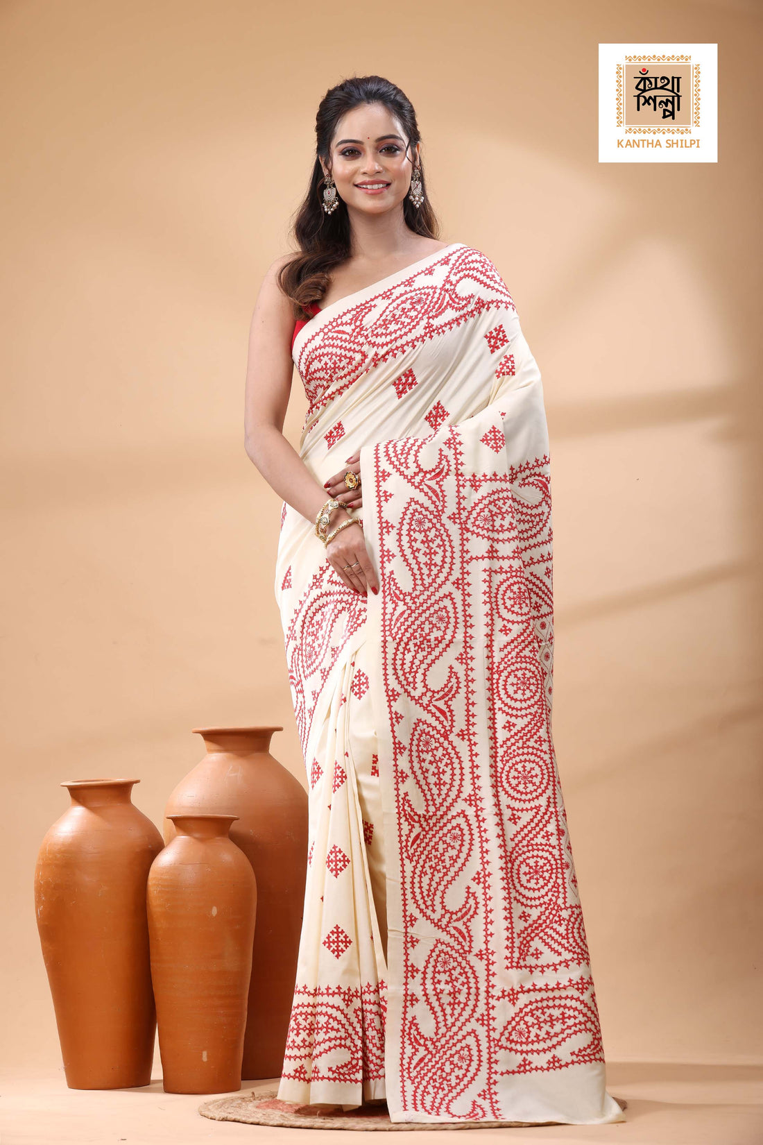 Off White Tussar Silk Red Thread Work Gujrati Stitch Saree