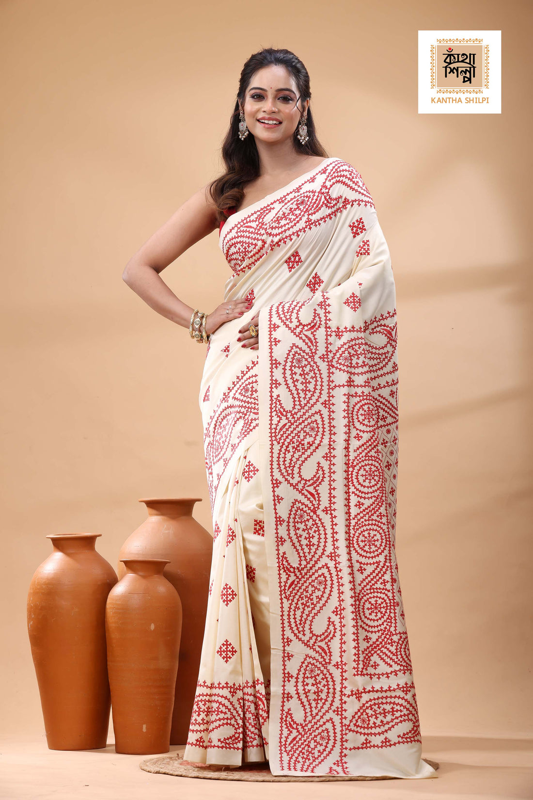 Off White Tussar Silk Red Thread Work Gujrati Stitch Saree